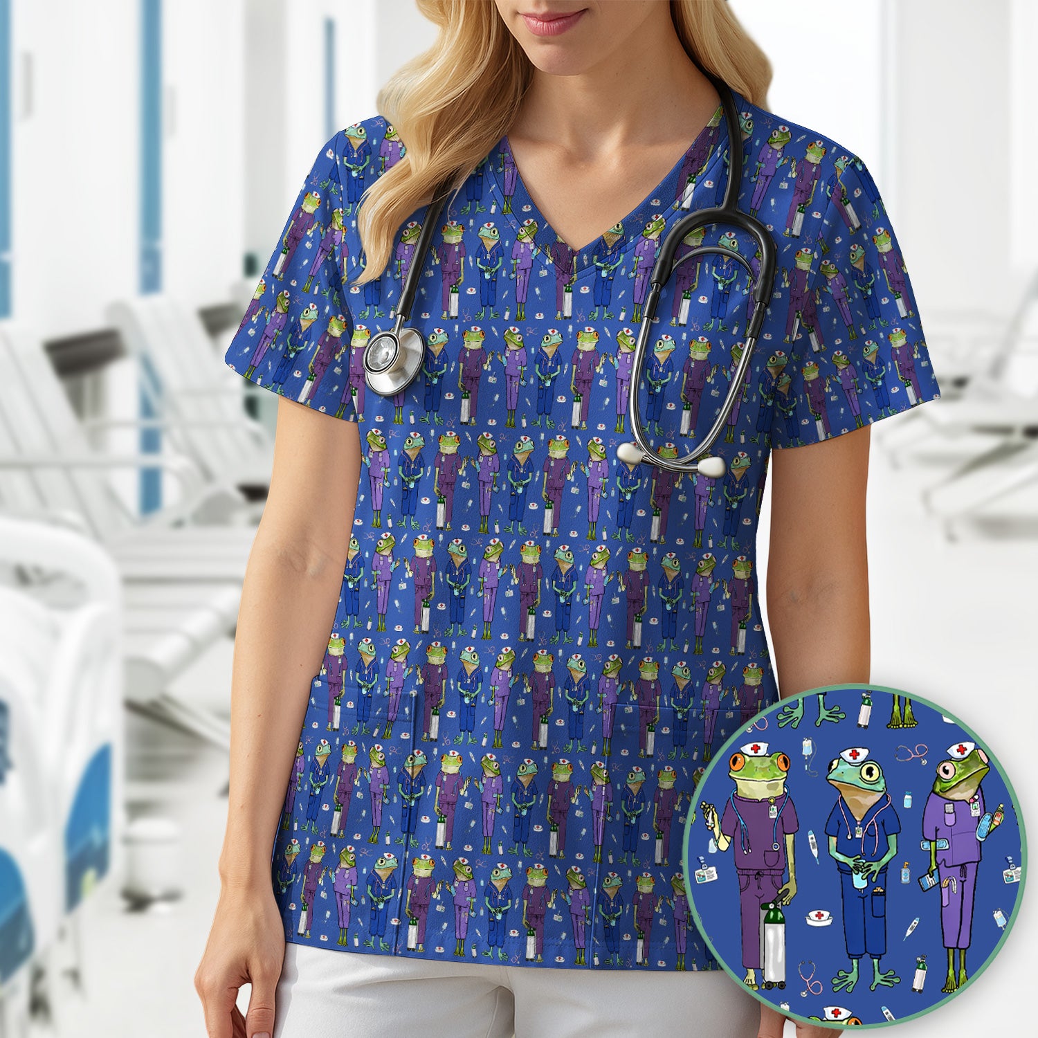 Funny Frog Nurse Pattern V Neck Scrub Top for Healthcare Workers