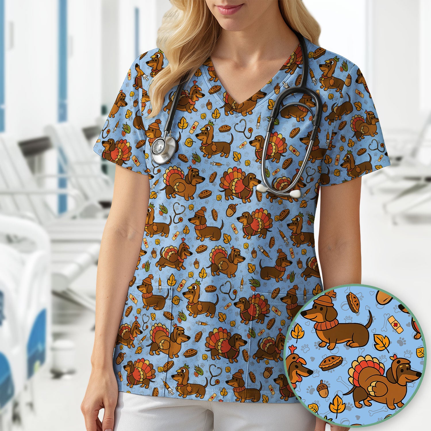 Thanksgiving Wiener Dog Scrub Top - Funny Dachshund TurkeChicken Nurse Shirt for Women - Cute Holiday Medical Uniform