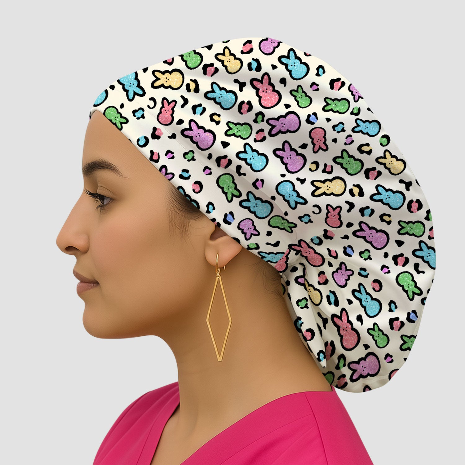 Cute Easter Bunny Pastel Pattern Print Cap, Bouffant Scrub Caps for Women