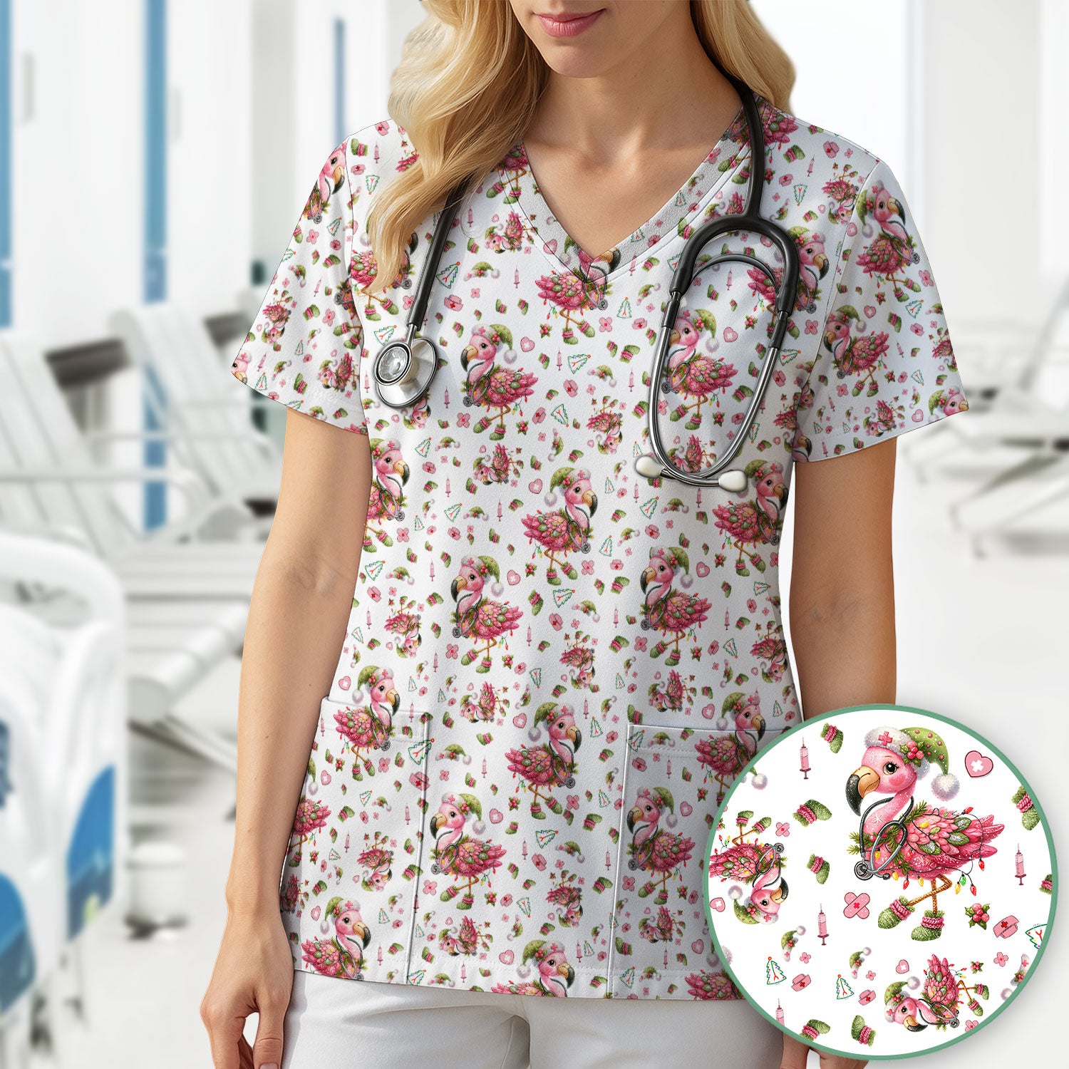 Flamingo Scrub Top for Nurse - Funny Christmas Medical Shirt - Holiday Christmas Gift for Healthcare Workers