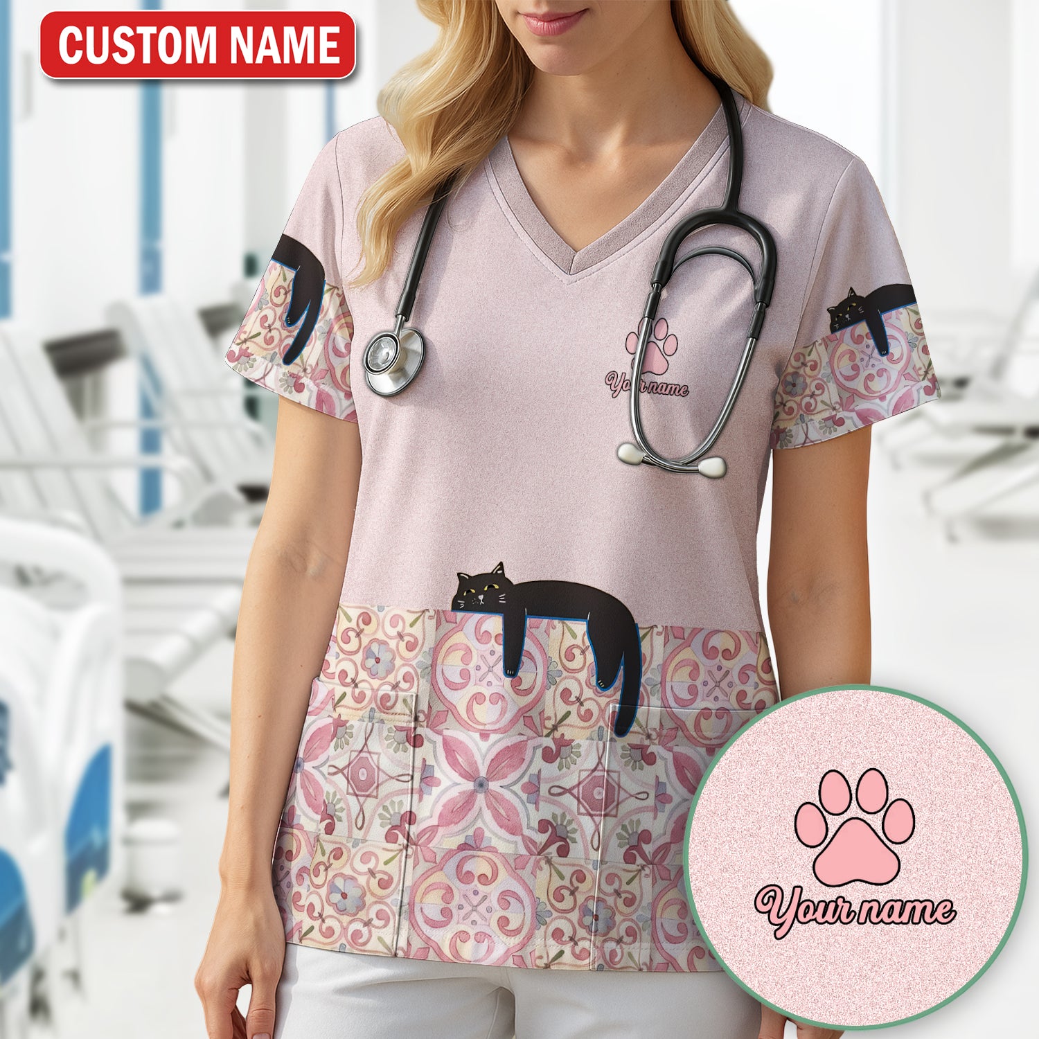Custom Name Pink Floral Nurse Shirt, Personalized Black Cat Scrub Top For Women, Breathable Fabrics Nursing Uniform