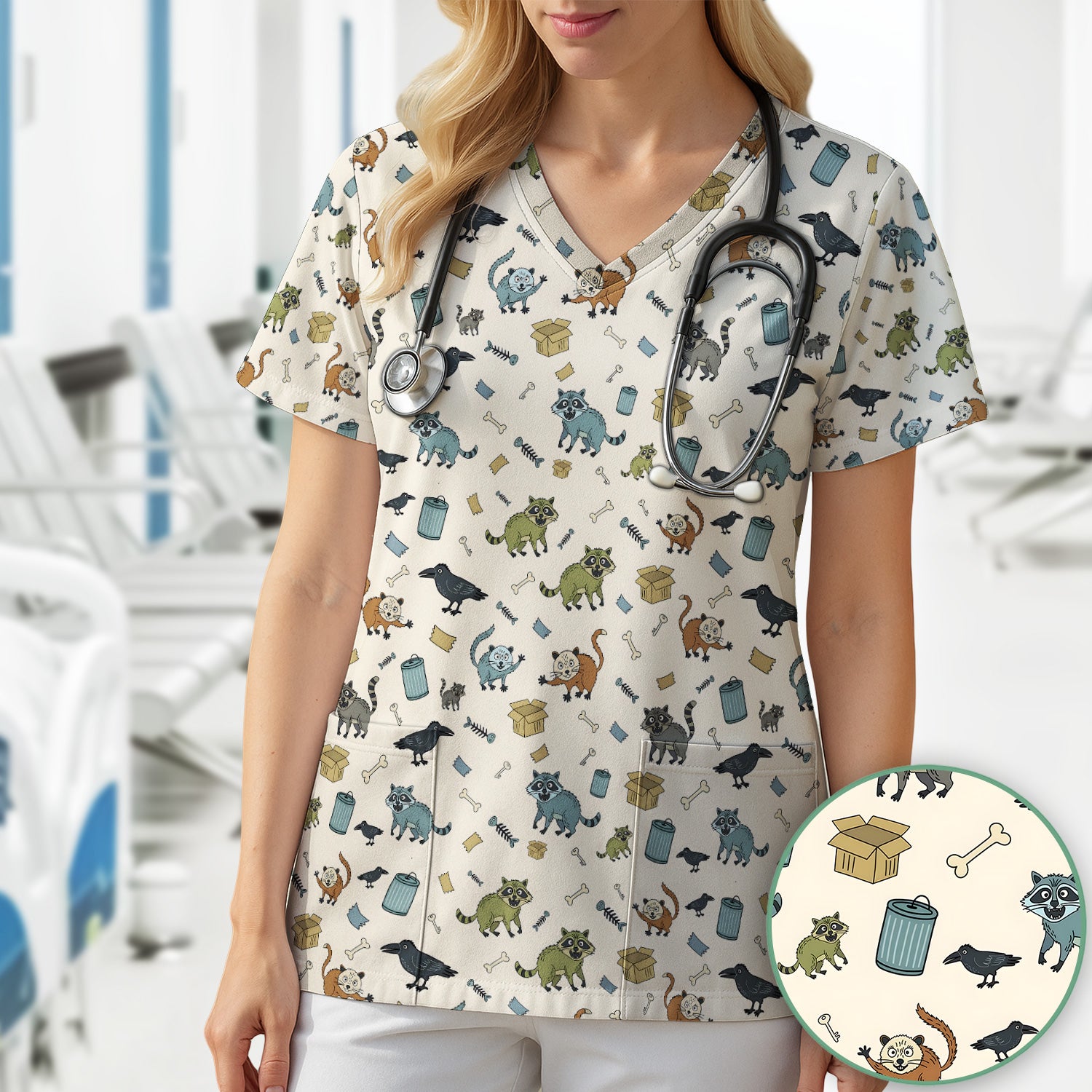 Funny Trash Raccoon Pattern Scrub Top, Comfortable Scrubs for Nurses