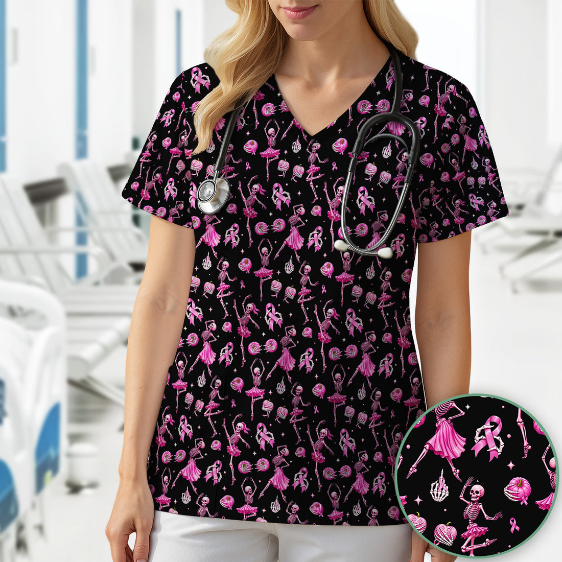 Pink Ribbon Skeleton Ballerina Print Scrub Top, Comfortable Scrubs for Nurses