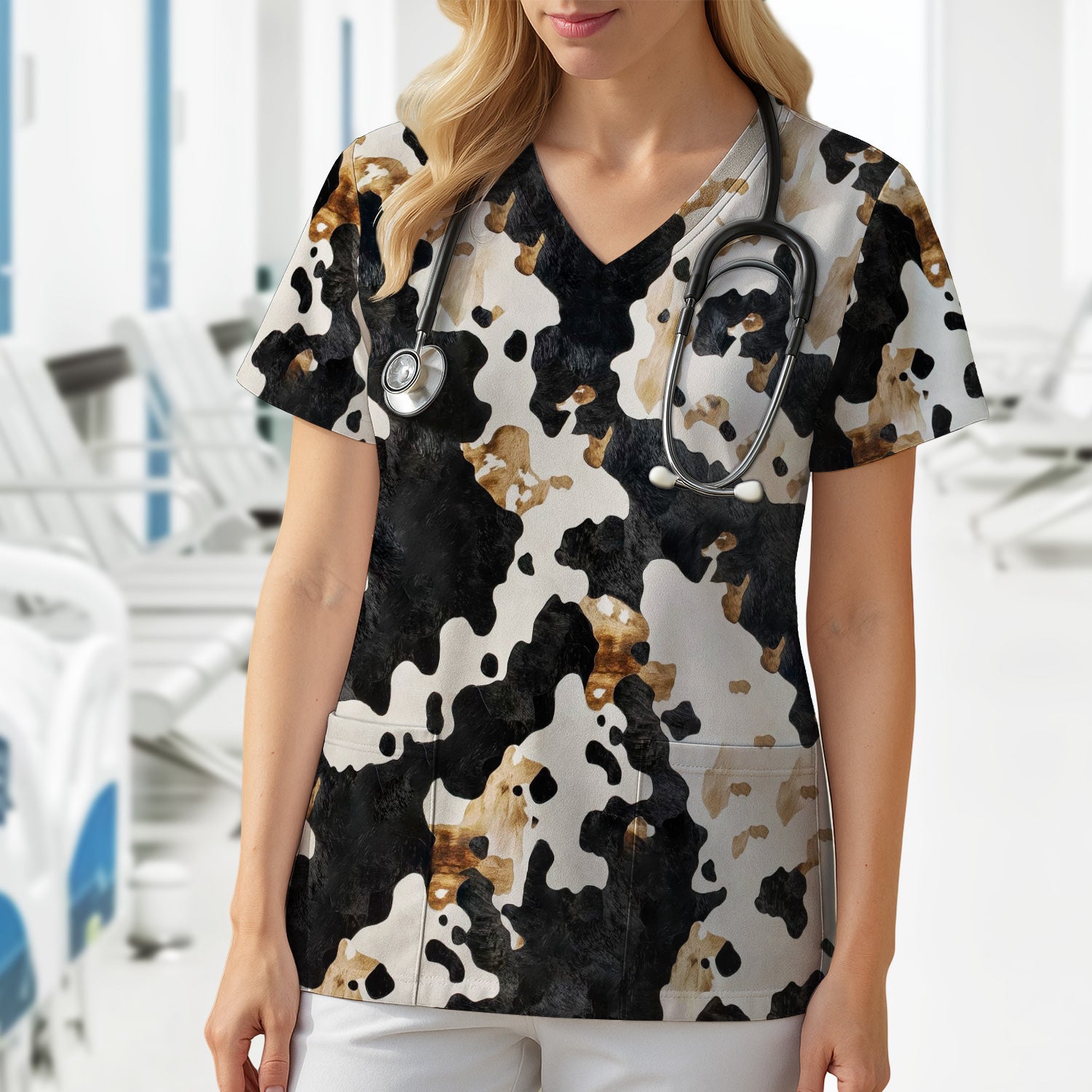 Classic Cow Print Pattern Scrub Top, Breathable Fabrics Nursing Uniform