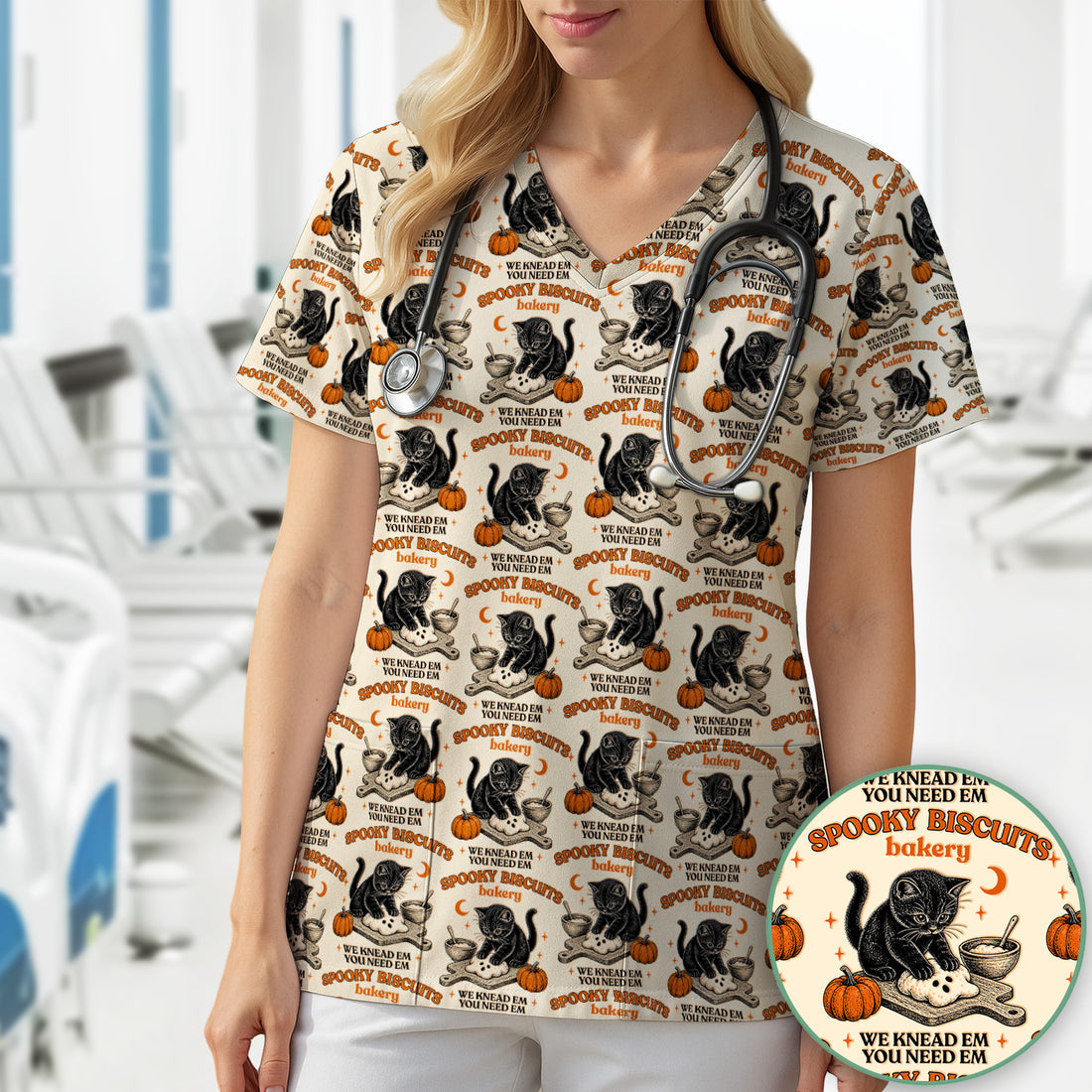 Funny Halloween Black Cat Scrub Top, Comfortable Scrubs for Nurses
