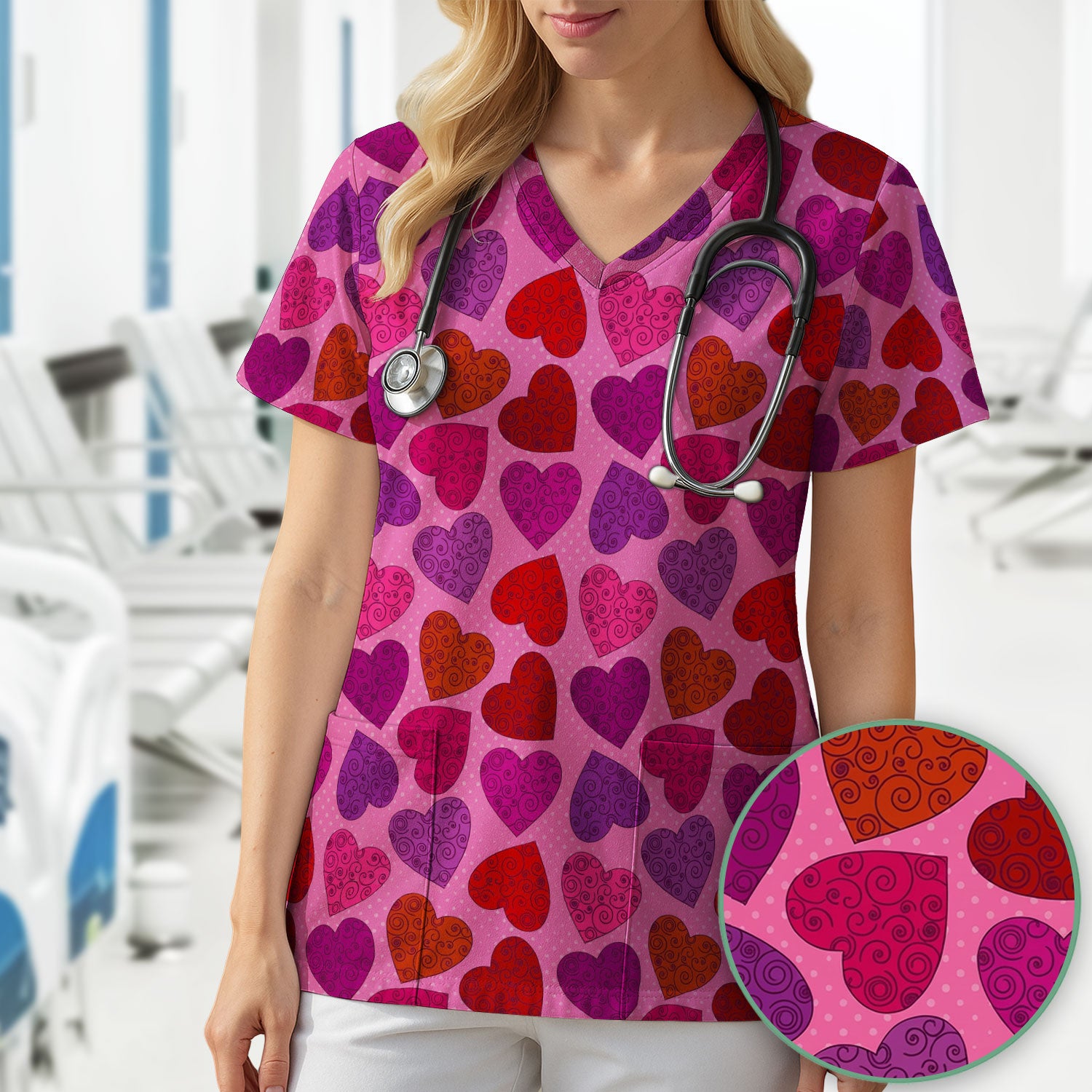 Women’s Pink Heart Scrub Top, Valentine Heart Pattern Nurse Shirt, Comfortable Scrubs For Nursing