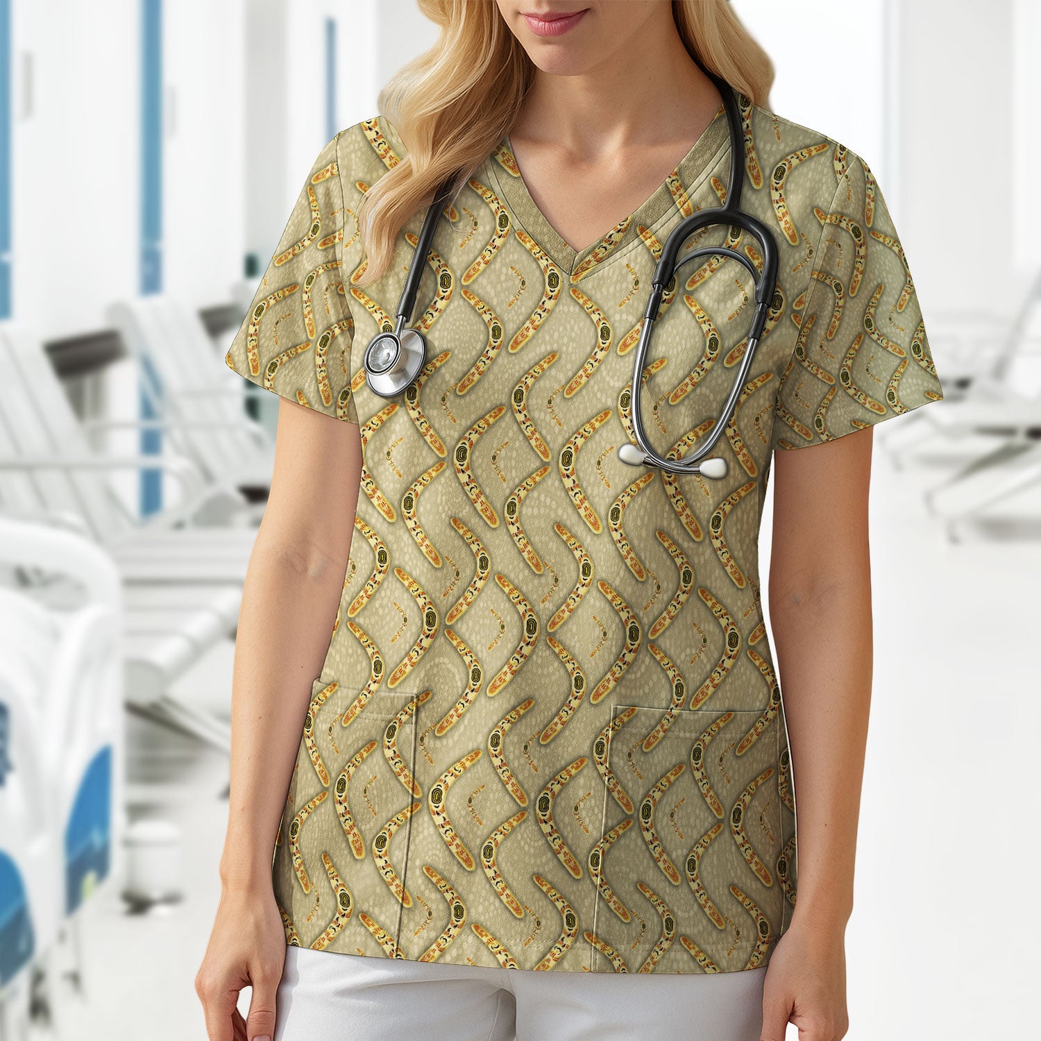 Aboriginal Boomerang Pattern Nurse Scrub Top, Breathable Fabrics Nursing Uniform