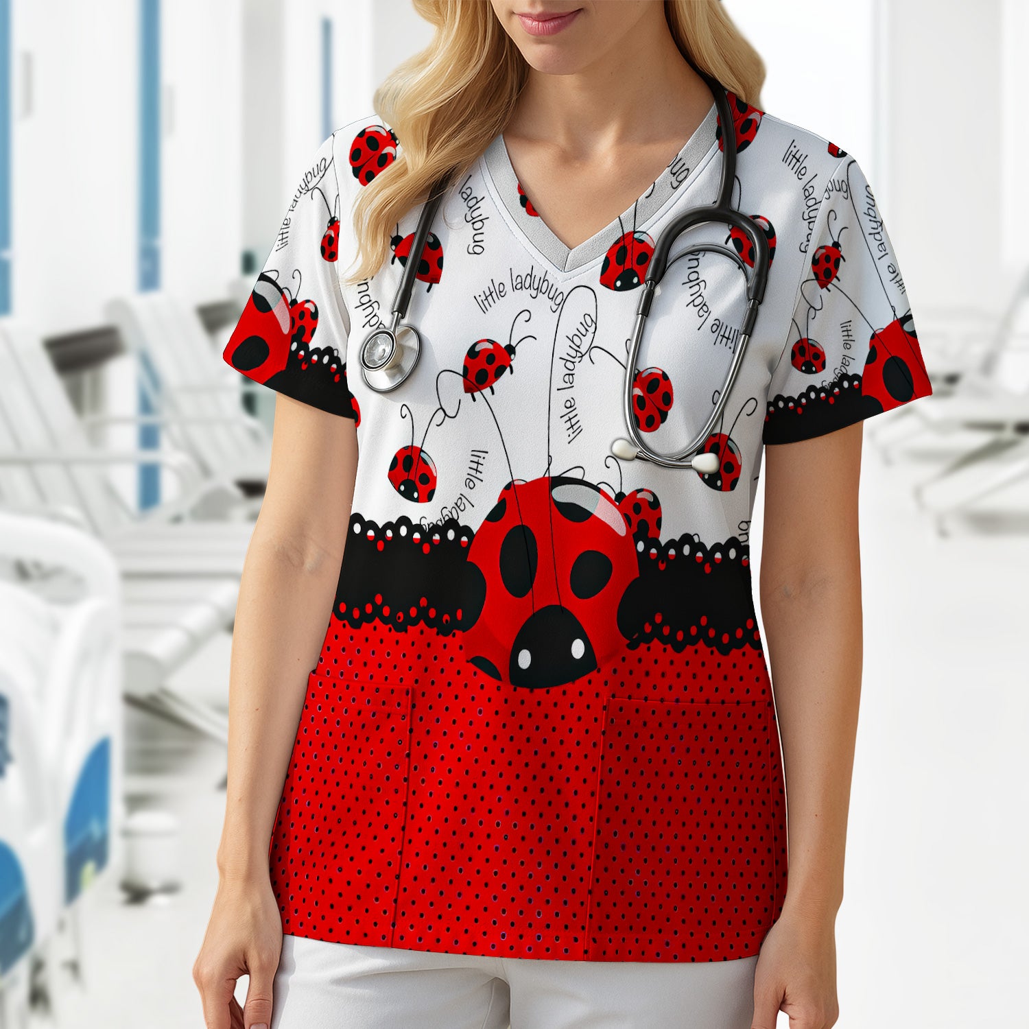 Cute Little Ladybug Polka Dot Pattern Scrub Top, Breathable Fabrics Nursing Uniform