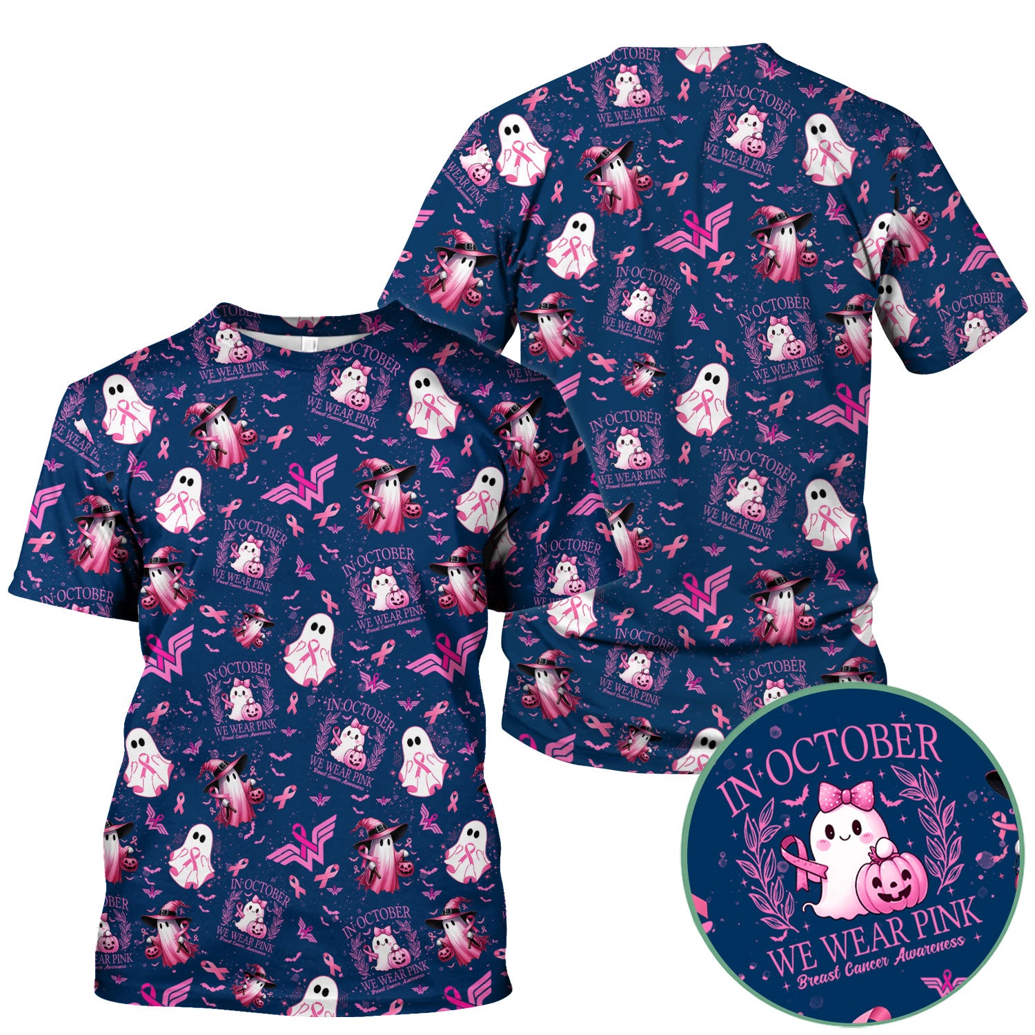 Halloween Breast Cancer Awareness Scrub Top - In October We Wear Pink Nurse Shirt - Cute Ghost Witch Pink Ribbon Medical Uniform