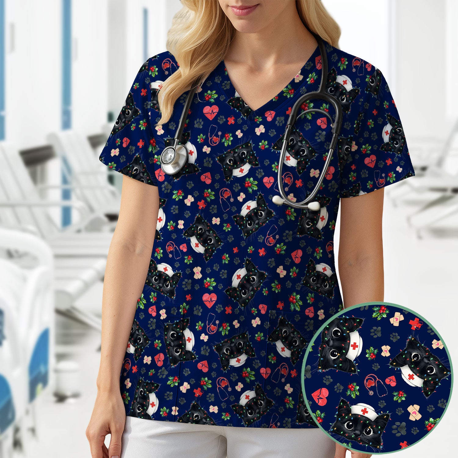 Funny Cats Scrub Top for Nurses - Black Kittens Christmas Medical Uniform - Jolly Holiday Gift for RN CNA LPN