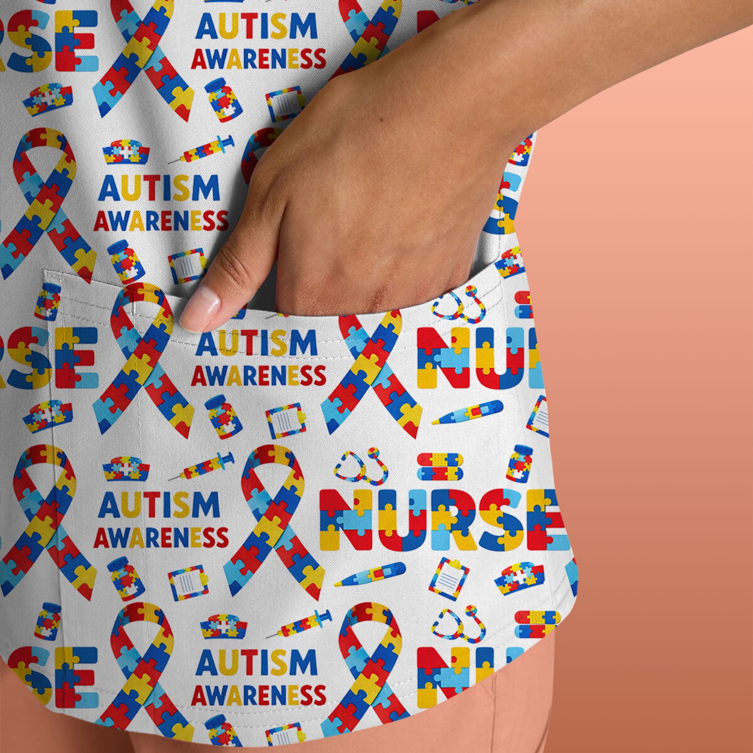 Autism Awareness Nurse Puzzle Ribbon Print Scrubs, Comfortable Scrubs for Nurses