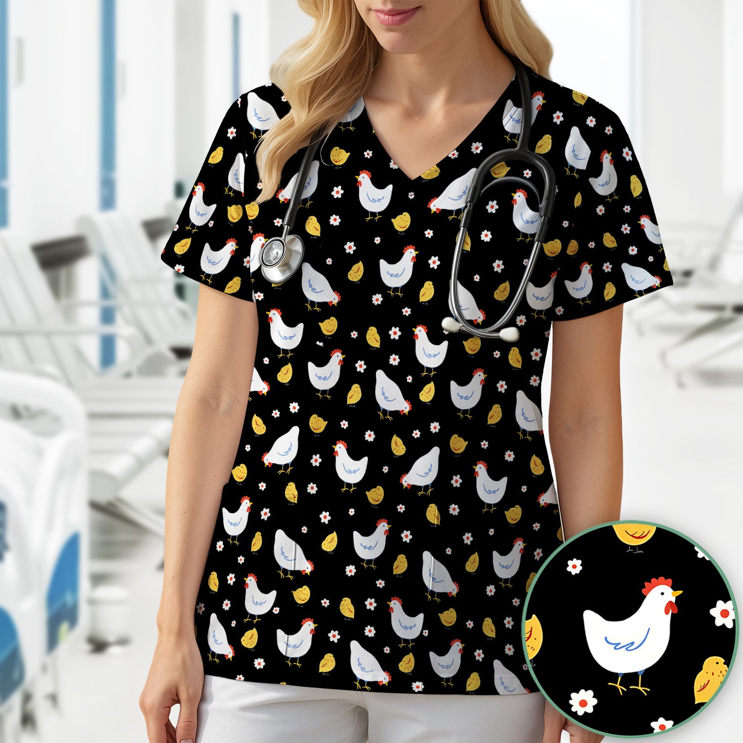 Chicken And Cute Chicks Pattern Scrubs Top, Comfortable Scrubs for Nurses
