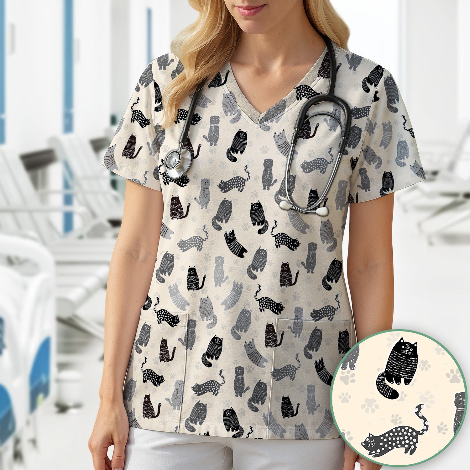 Cute Cat and Paw Print Pattern Scrub Top, Breathable Fabrics Nursing Uniform