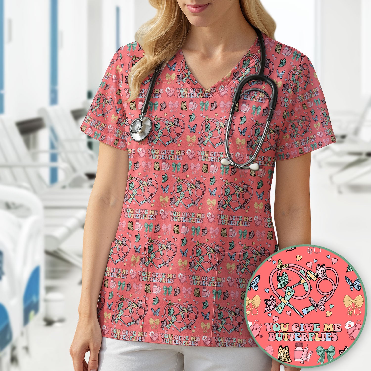 Butterfly Heart Valentine Medical Pattern Scrub Top, Comfortable Scrubs for Nurses