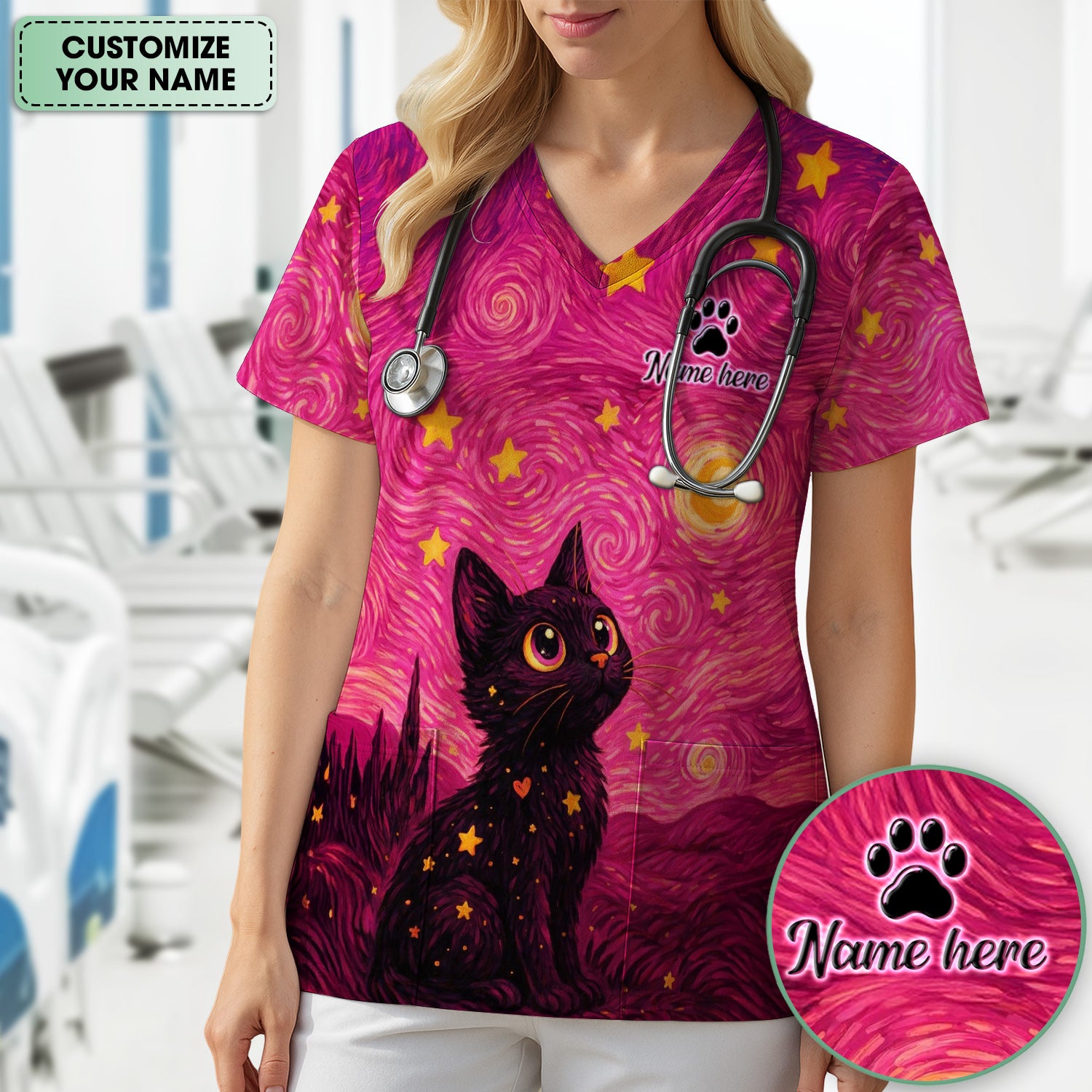 Personalized Black Cat Galaxy Star Swirl Pattern Scrub Top, Comfortable Scrubs for Nurses