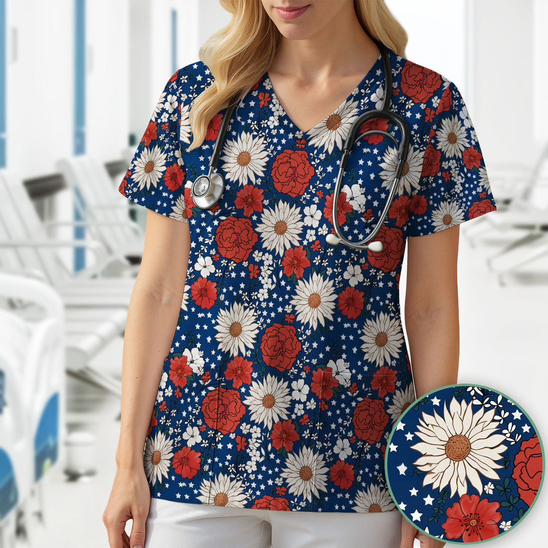 Red White Blue Floral Pattern Scrub Top, Comfortable Scrubs for Nurses