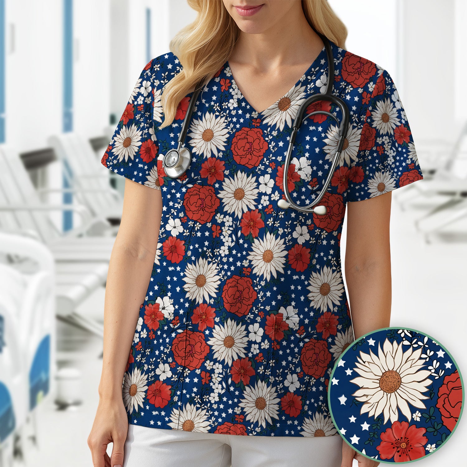 Red White Blue Floral Pattern Scrub Top, Comfortable Scrubs for Nurses