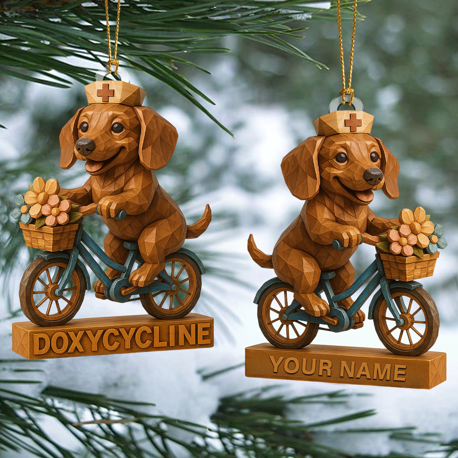 Personalized Dog Cycling Christmas Decor, Custom Name Dachshund Nurse Ornament, Nursing Gift For Dog Lovers