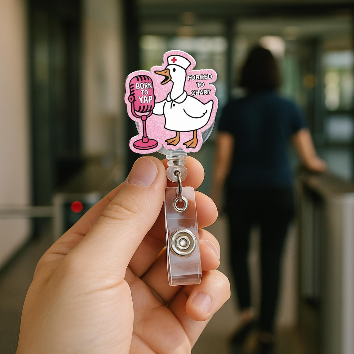 Funny Silly Goose Nurse Badge Reel, Born to Yap Forced to Chart ID Holder Gift for RN LPN CNA ER