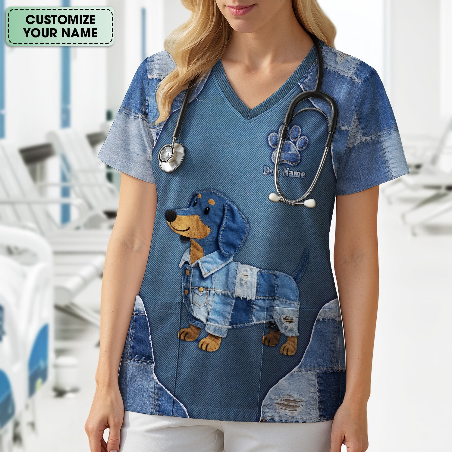 Custom Dog Name Denim Dachshund Print Scrub Top, Comfortable Scrubs for Nurses