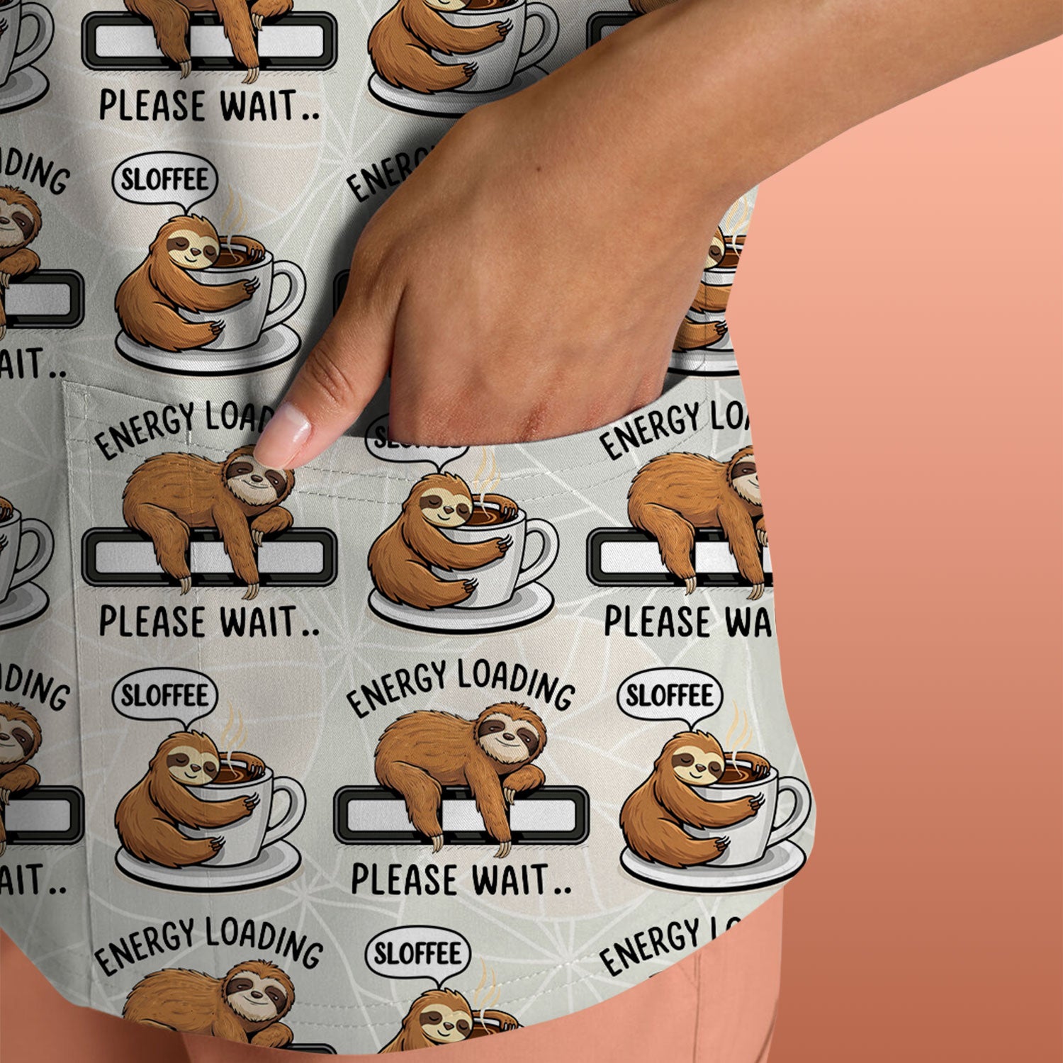 Funny Sloth Coffee Energy Loading Pattern Scrubs Top, Breathable Fabrics Nursing Uniform