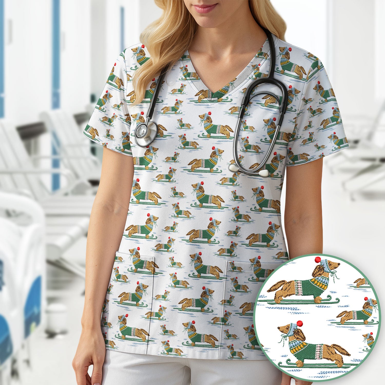 Dachshund Nurse Scrub Top, Wiener Dog Winter Pattern Shirt, Breathable Fabrics Nursing Uniform