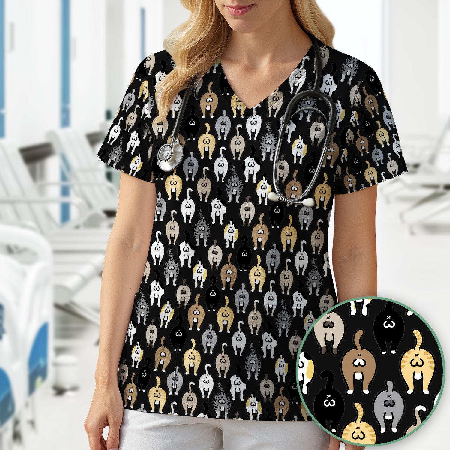 Cat Lover Nurse Scrub Top, Funny Cat Butt Pattern Medical Shirt, Breathable Fabrics Nursing Uniform