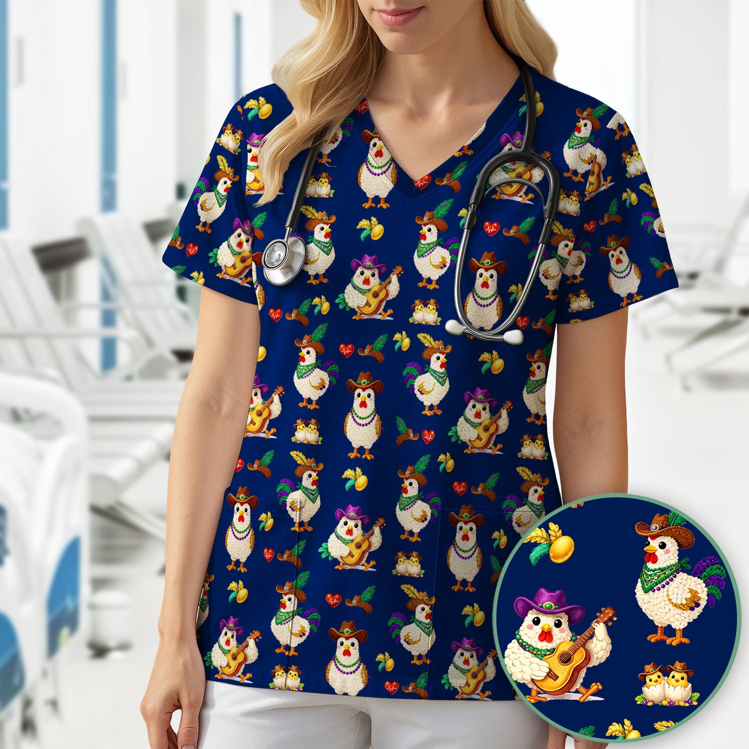 Funny Mardi Gras Rooster Cowboy Print Scrub Top, Comfortable Scrubs for Nurses