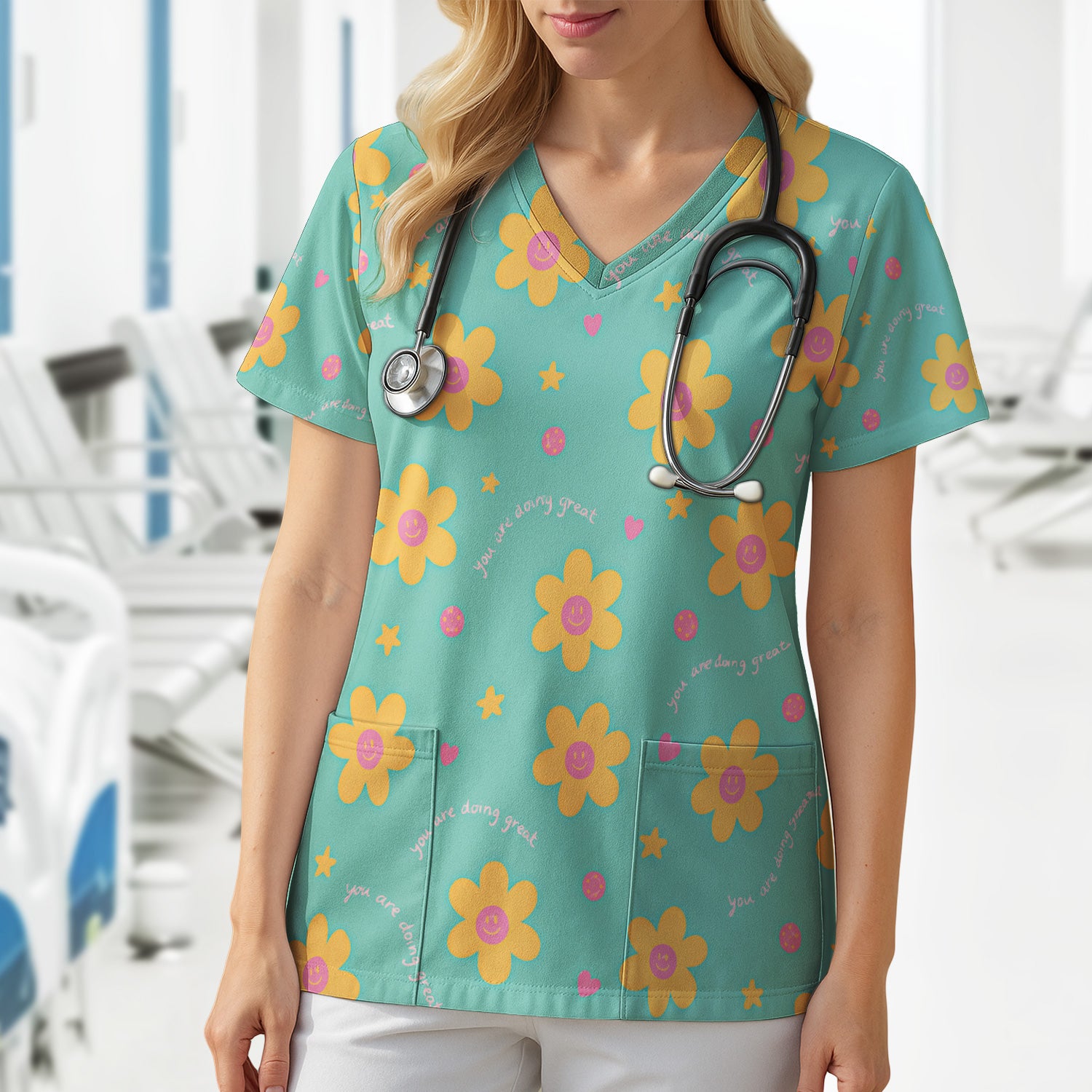 Cheerful Smiley Flower Pattern, Positive Medical Scrub Top, Comfortable Scrubs for Nurses