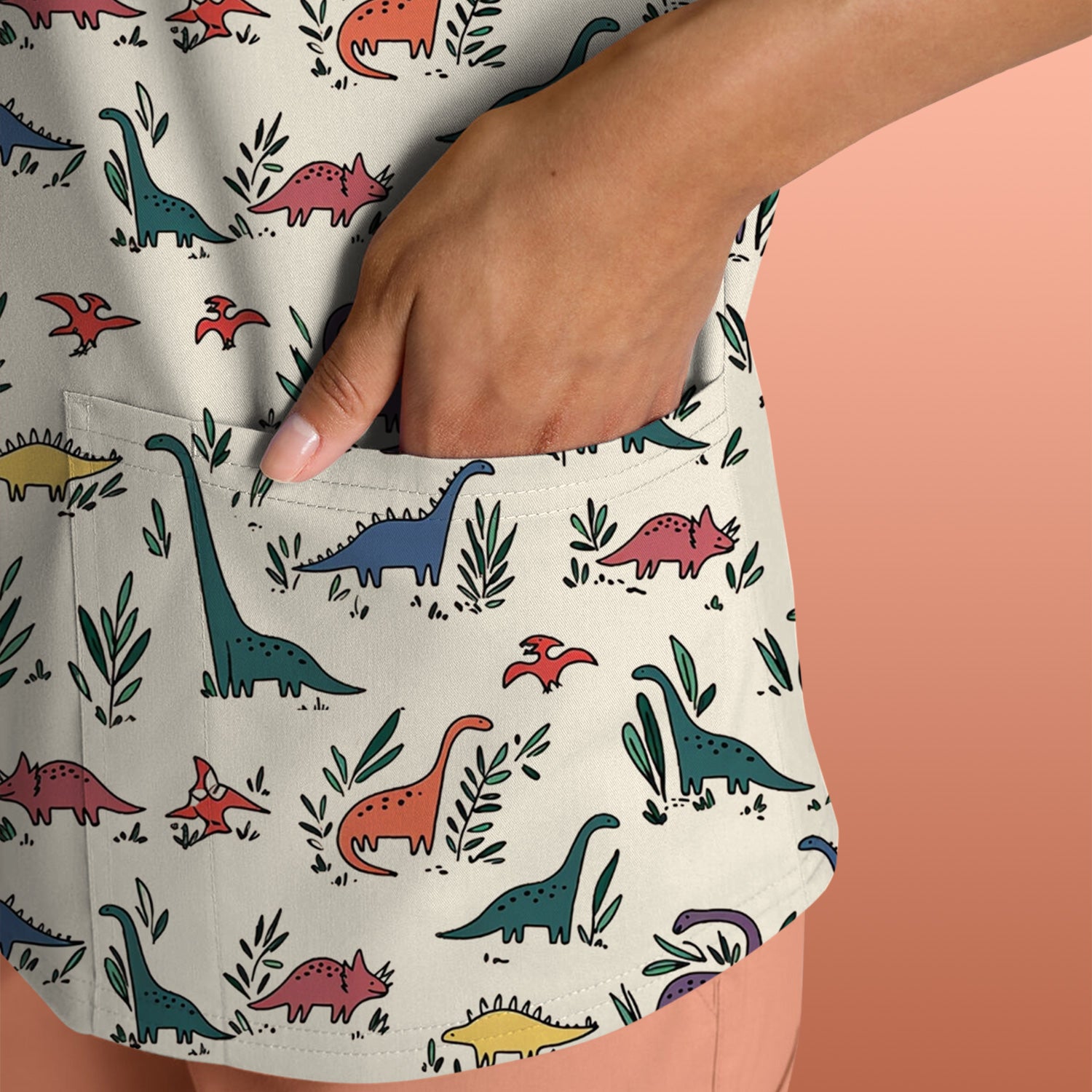 Cute Dinosaur Leafy Garden Pattern Scrub Top, Comfortable Scrubs for Nurses