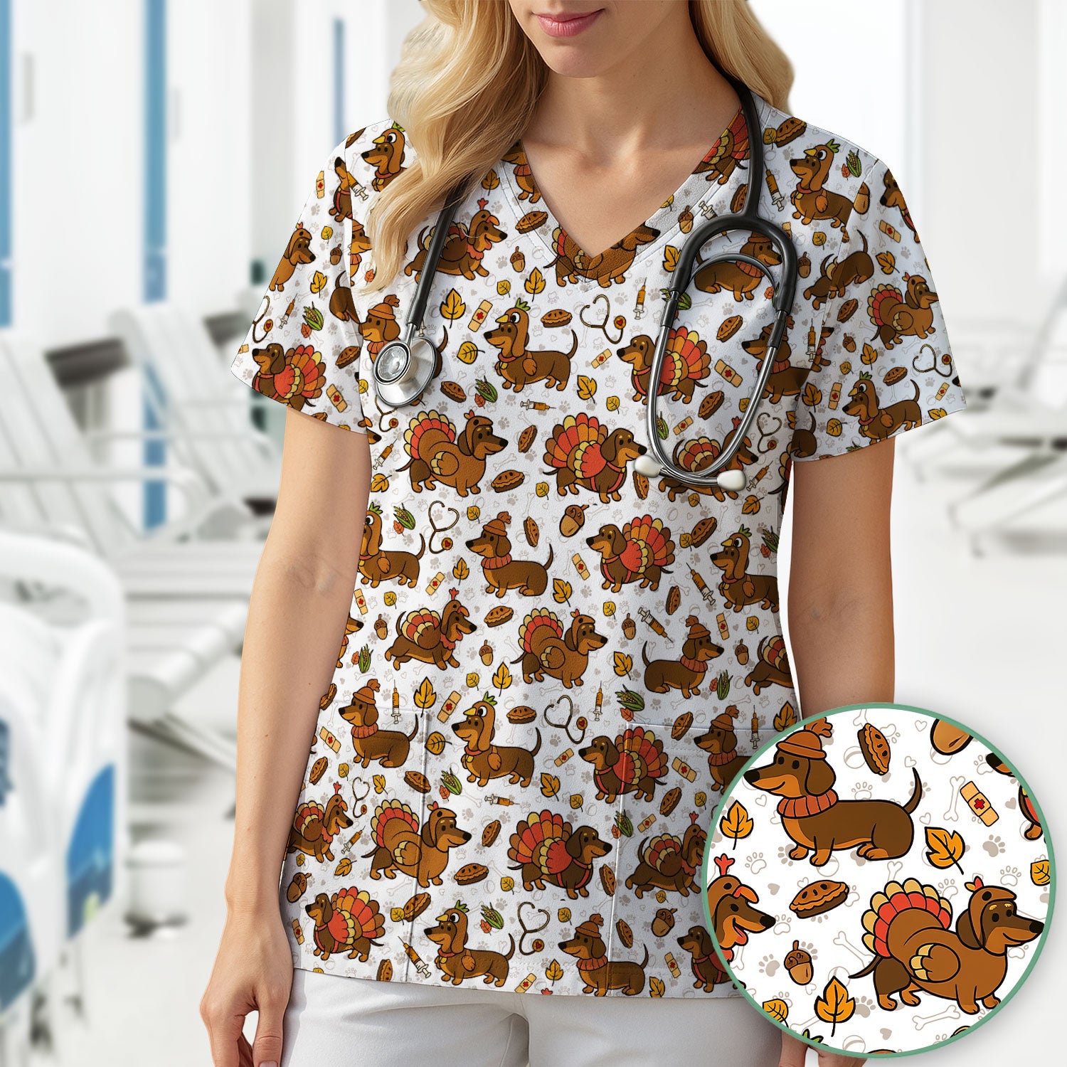 Thanksgiving Dachshund Scrubs Top - Cute Dog Turkey Medical Uniform Shirt for Nurses - Funny Holiday Gift