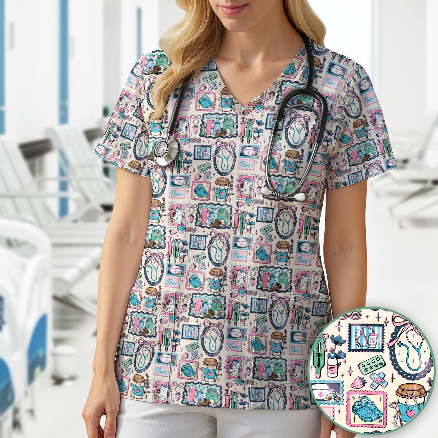 Medical Tools Stethoscope Syringe Frame Scrub Top, Breathable Fabrics Nursing Uniform