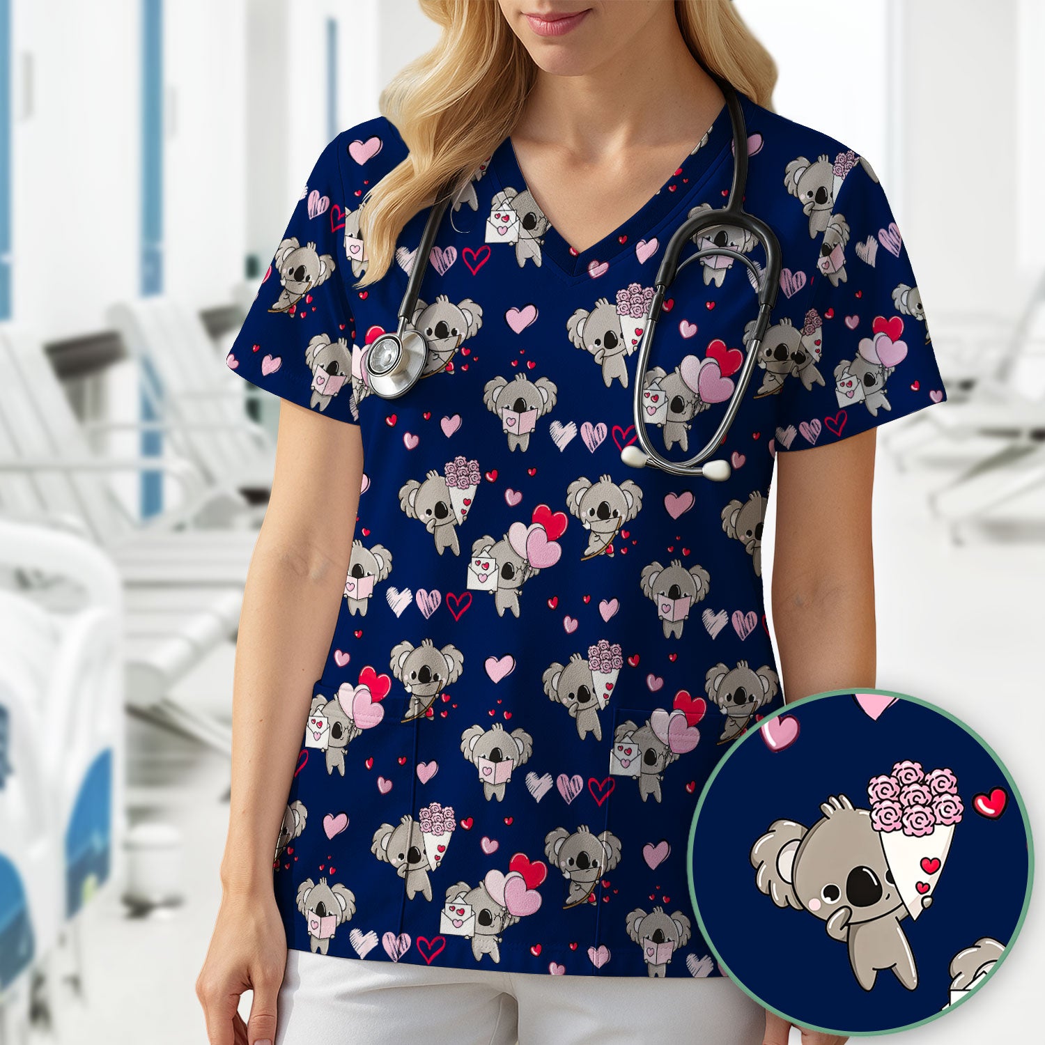 Valentine Koala Holding Flowers Cute Print Scrub Top, Comfortable Scrubs for Nurses