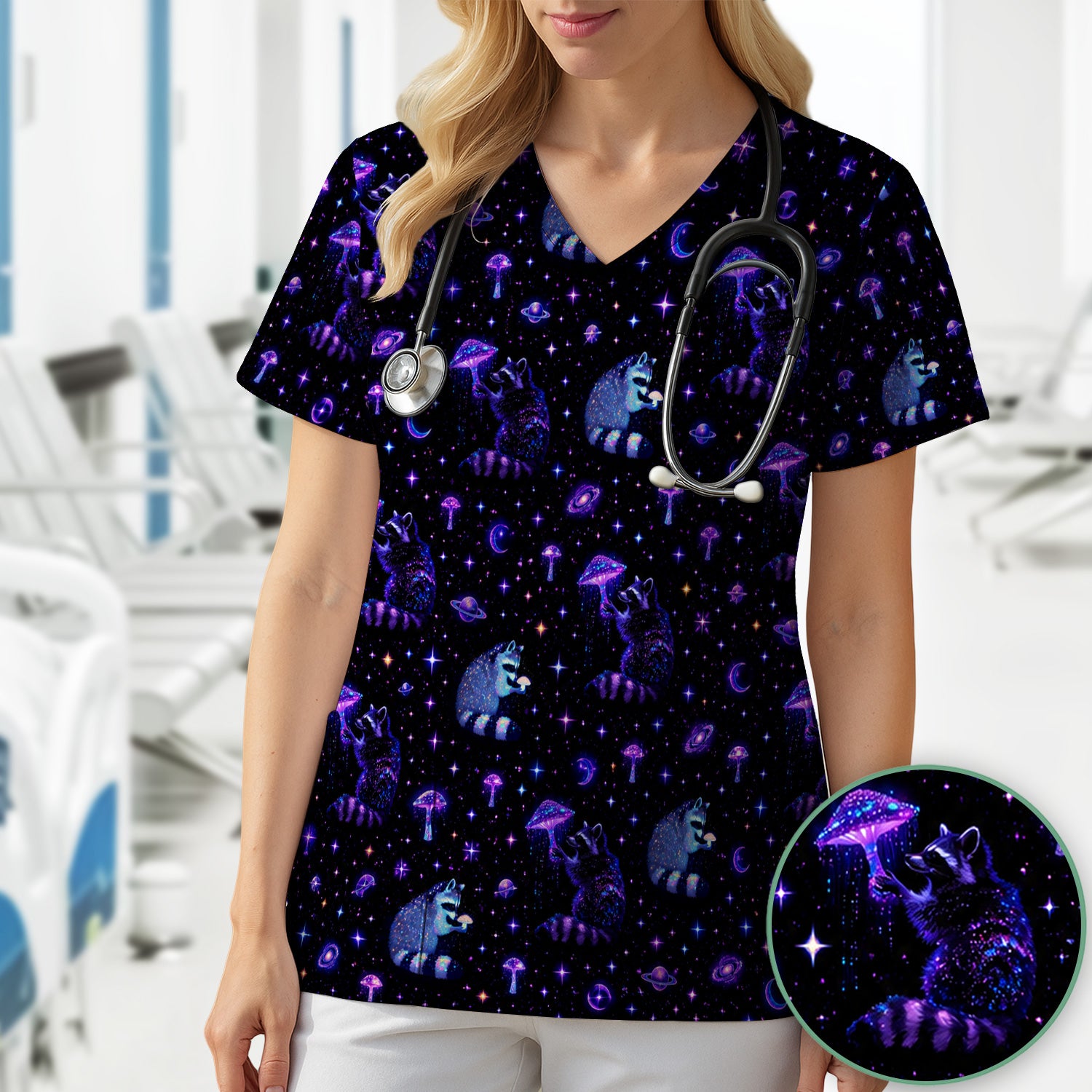 Cute Raccoon Mushroom Galaxy Pattern Scrub Top, Comfortable Scrubs for Nurses
