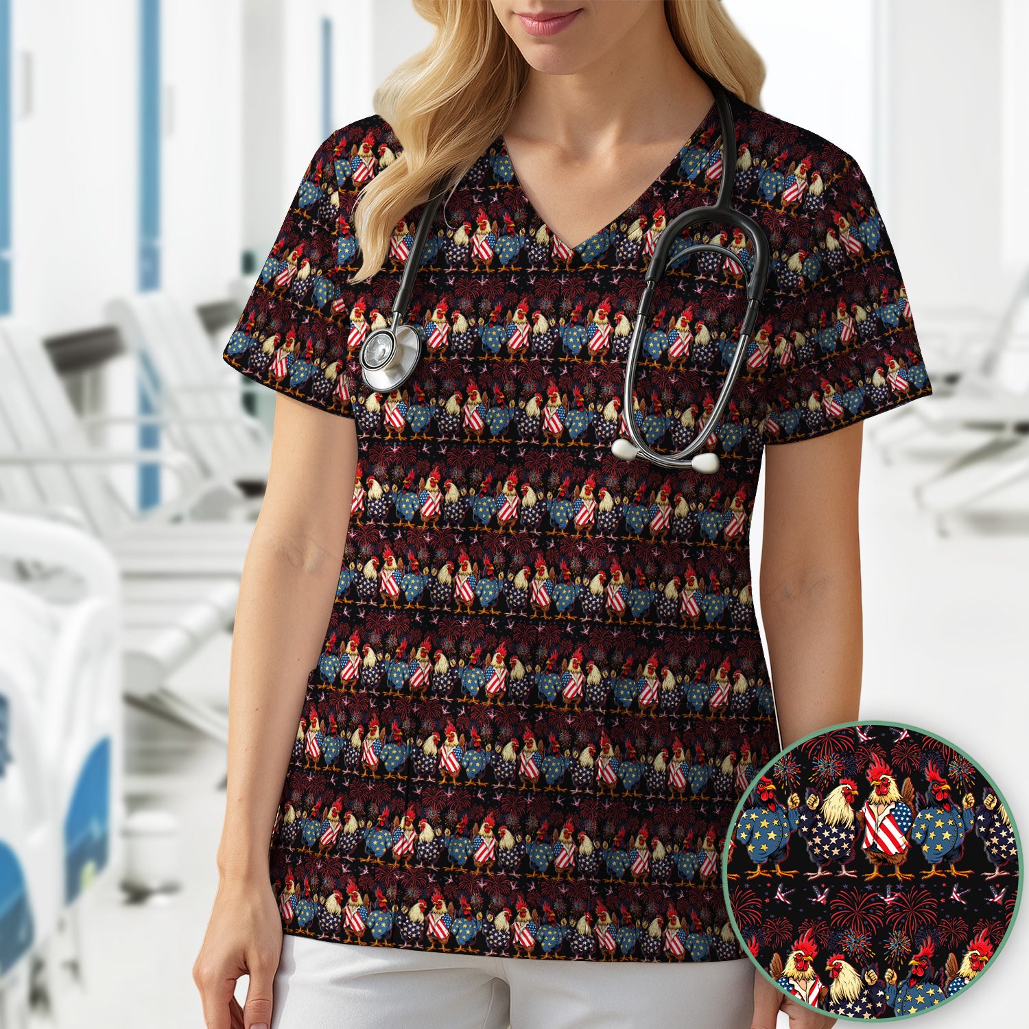 Patriotic Rooster Fireworks Pattern Scrub Top, Comfortable Scrubs for Nurses