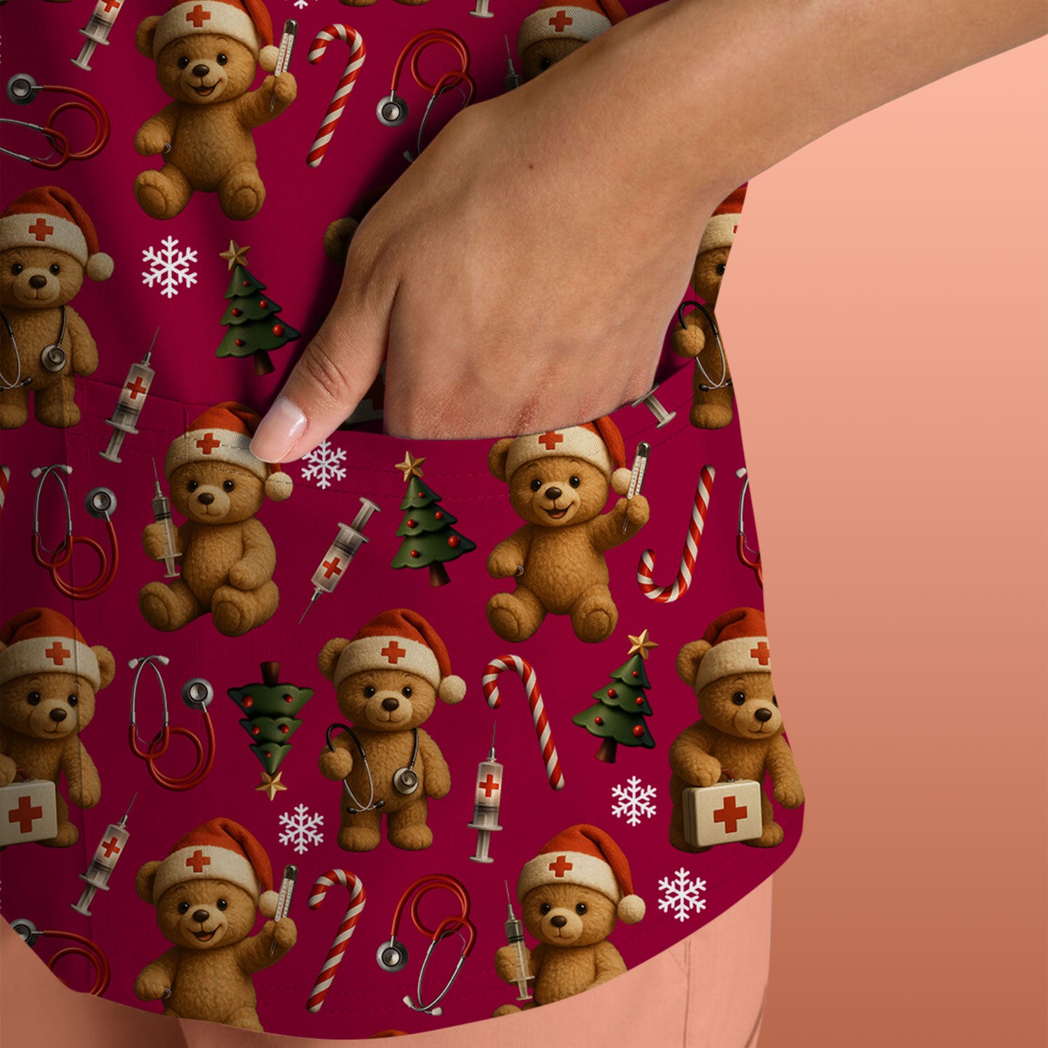 Teddy Bear Christmas Scrubs for Women - Cute Nurse Bear Pattern Medical Scrub Top - Holiday Christmas Scrubs with Fun Festive Design