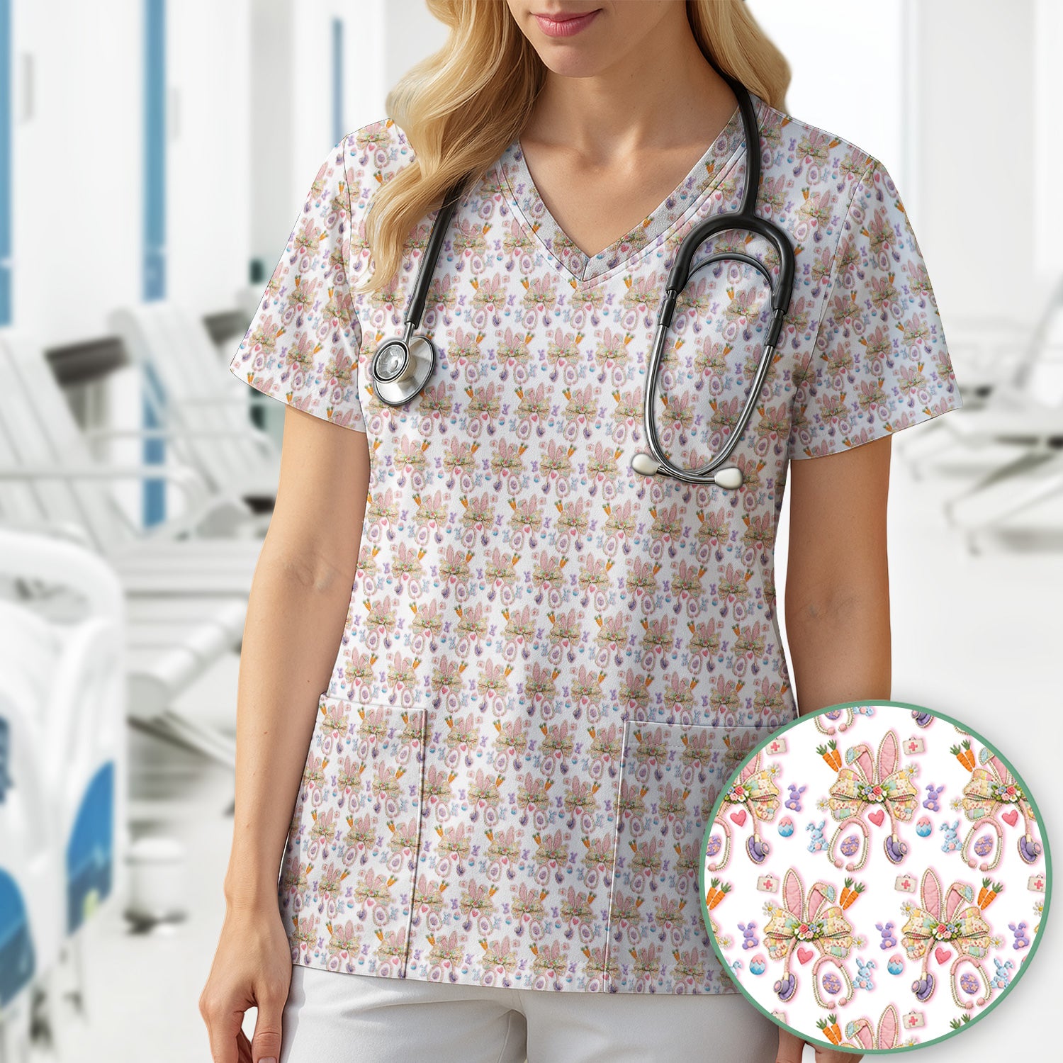 Easter Bunny Stethoscope Pastel Print Scrub Top, Comfortable Scrubs for Nurses