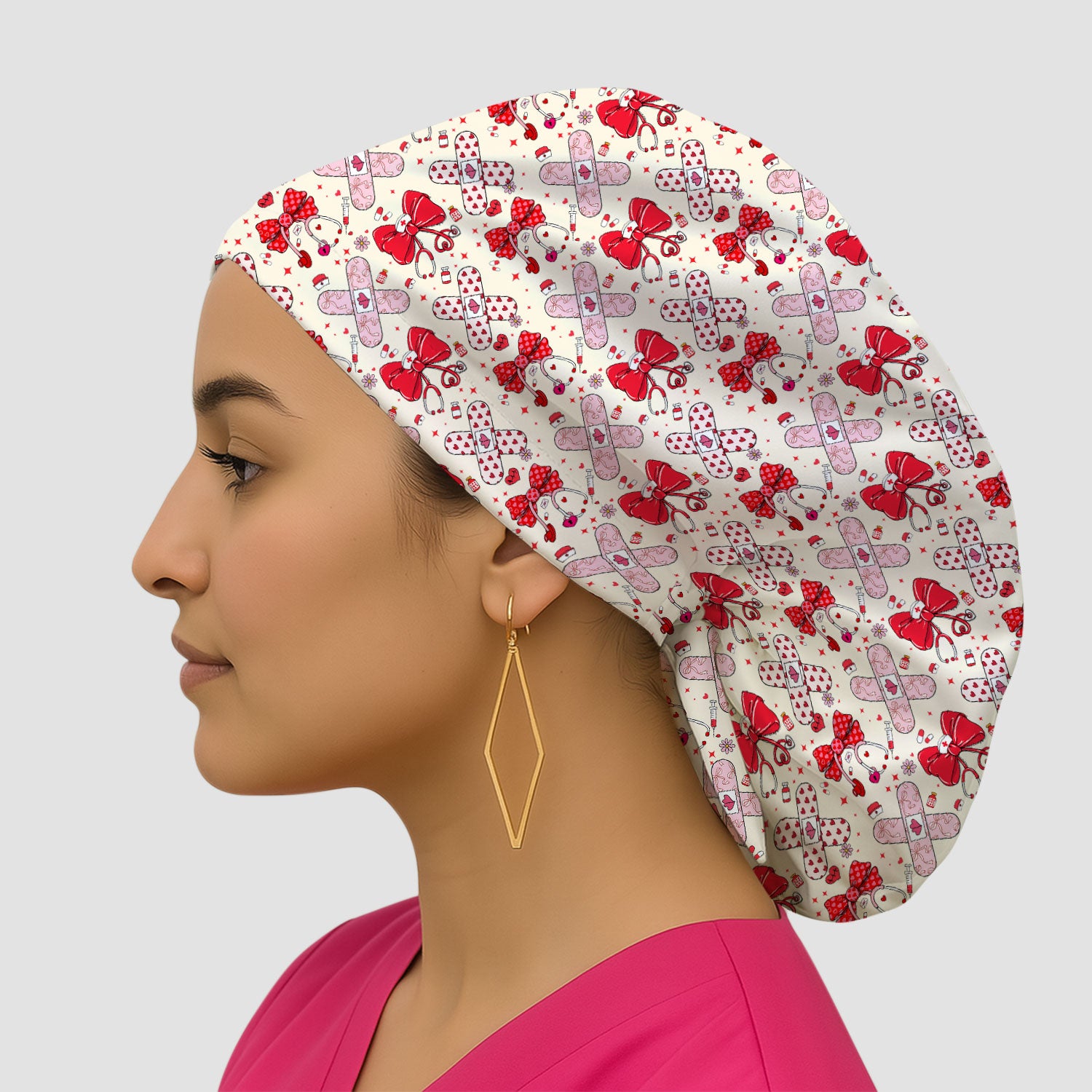 Valentine Nurse Scrub Cap, Red Bow And Heart Bandage Pattern Medical Hat, Breathable Fabrics Nursing Uniform