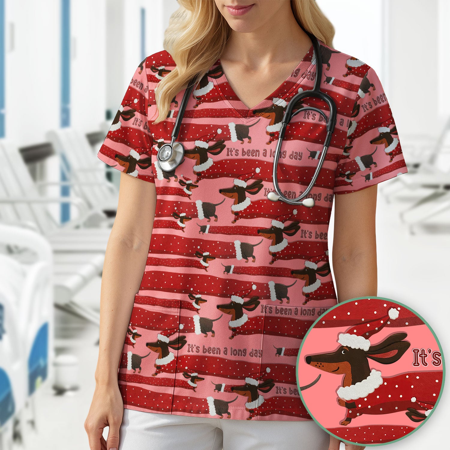 Funny Dachshund Christmas Scrub Top - It's Been a Long Day Shirt - Cute Wiener Dog Holiday Medical Uniform for Women