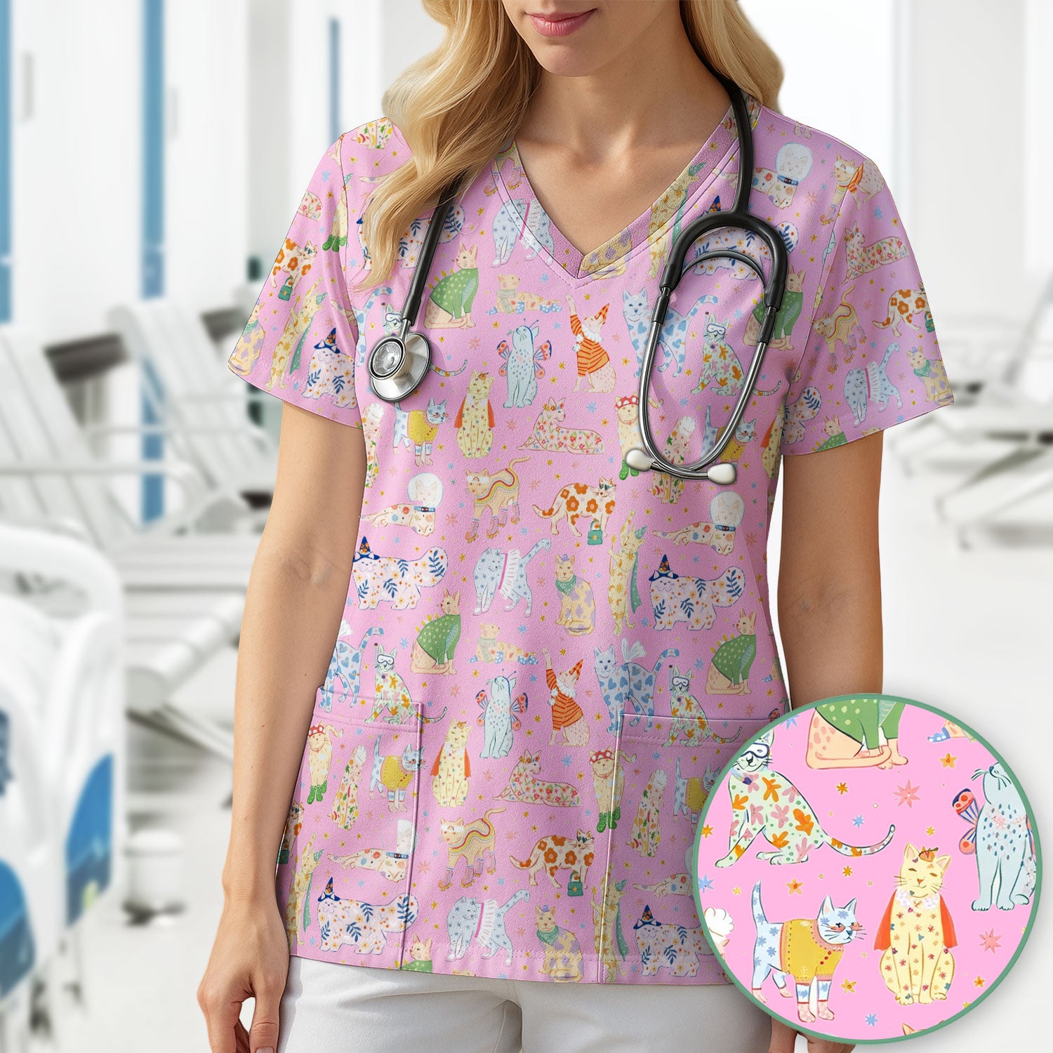 Colorful Pastel Cartoon Cats Print Scrub Top, Breathable Fabrics Nursing Uniform