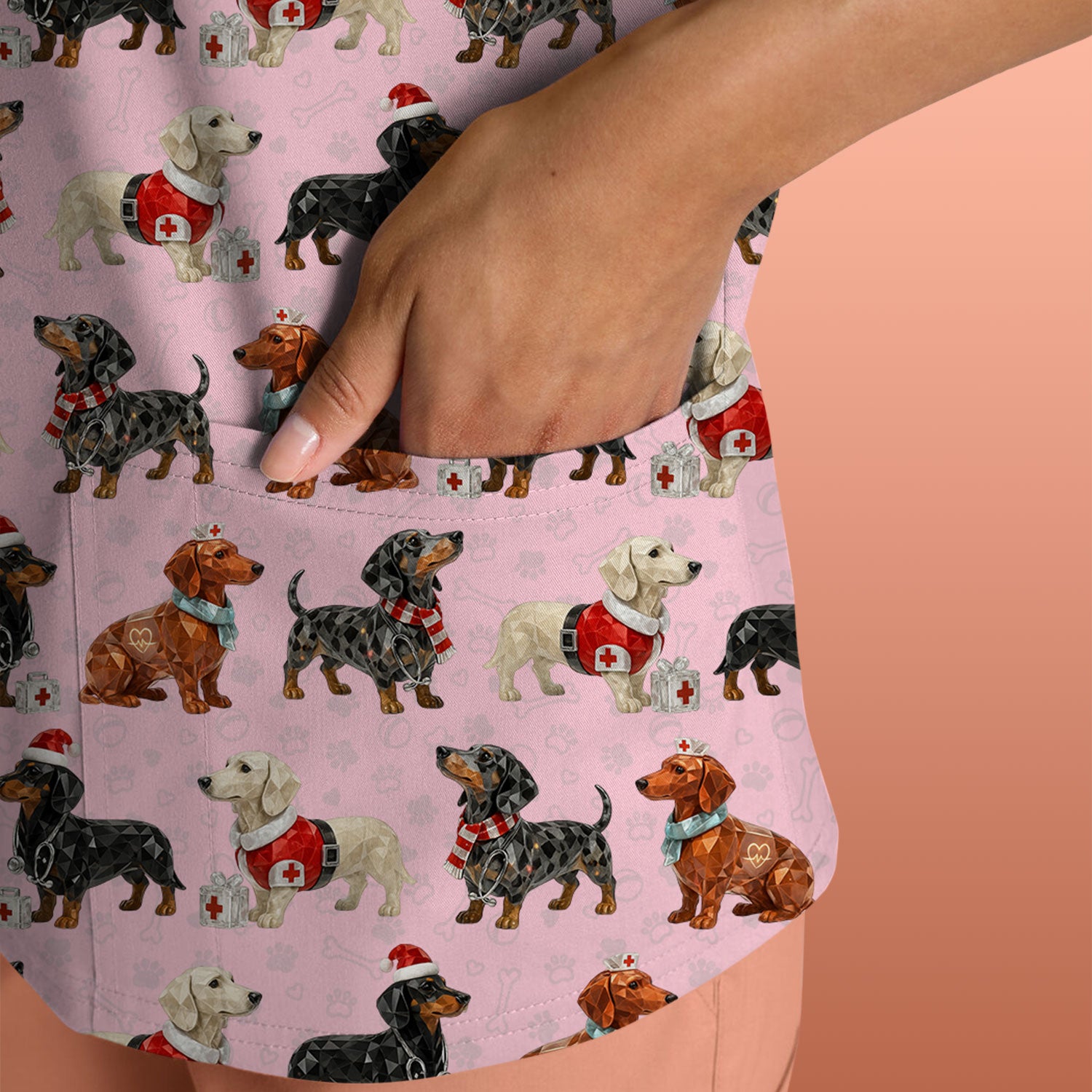 Funny Dachshund Christmas Dog Nurse Scrub Top, Holiday Puppy Medical Uniform Shirt For Nursing