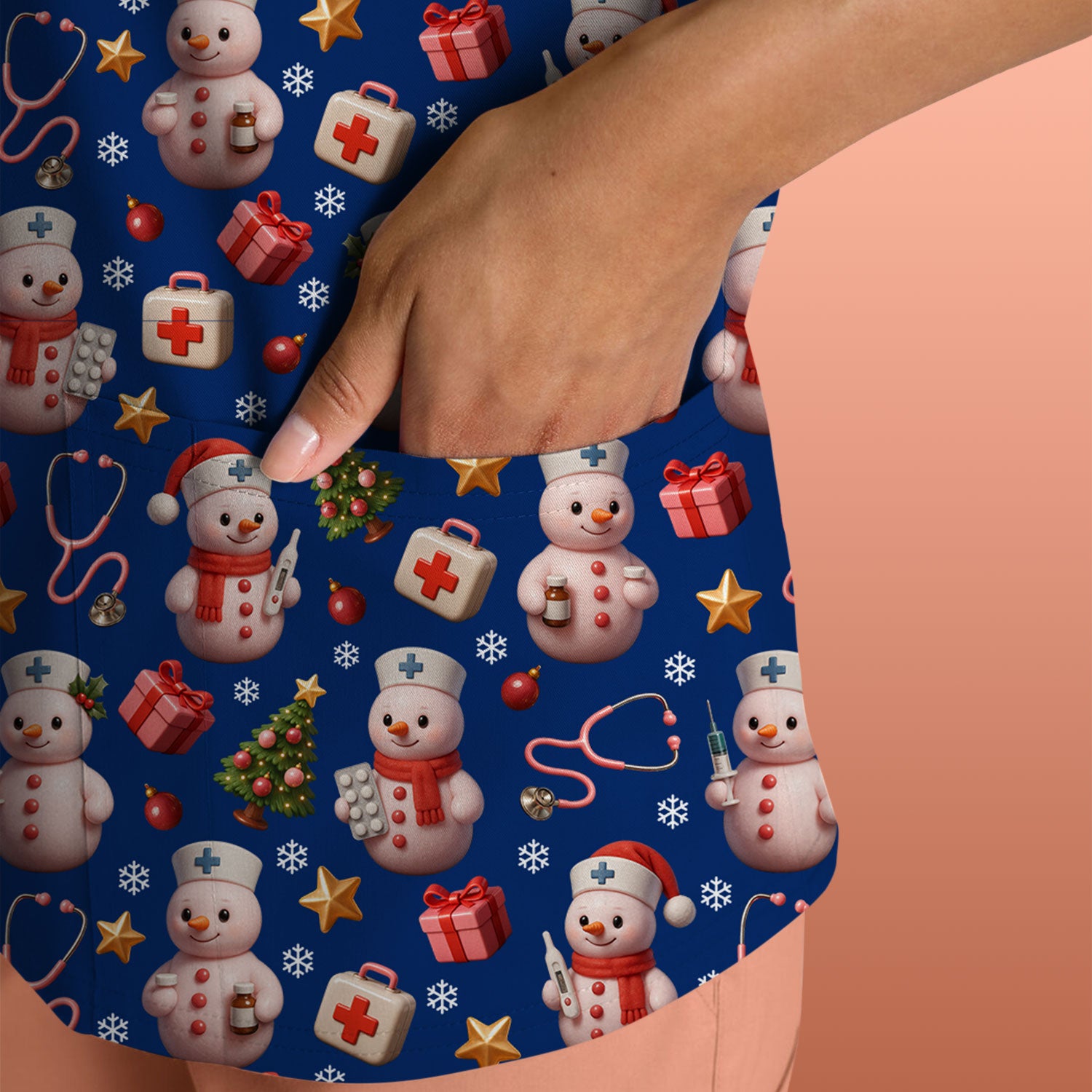 Snowman Pattern Christmas Nurse Scrub Top - Cute Holiday Medical Shirt - Funny Festive Scrubs Gift for RN LPN CNA Nurses