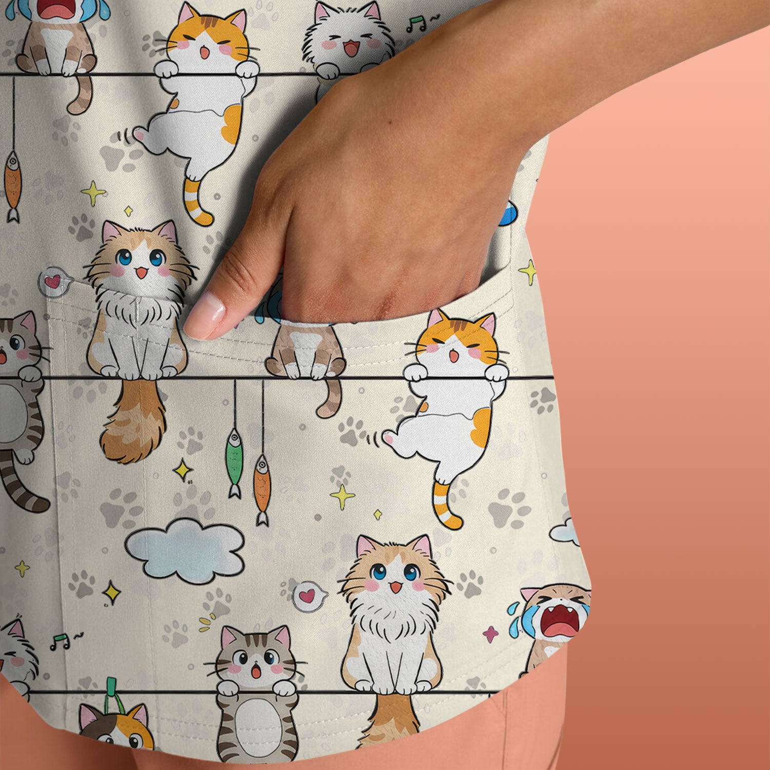Funny Cats With Cute Expressions Pattern Scrubs Top, Comfortable Scrubs for Nurses