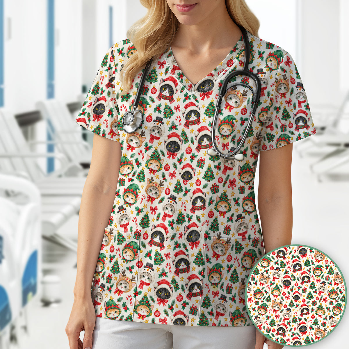 Christmas Cats And Trees Pattern Scrub Top, Comfortable Scrubs for Nurses