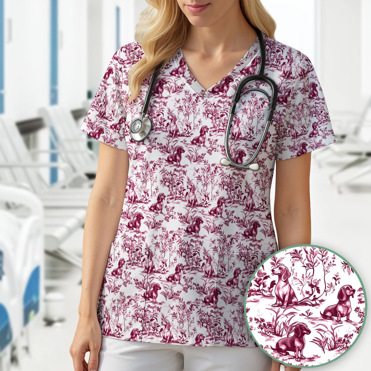Toile de Jouy Dog Scrub Top – Elegant Blue Dachshund Pattern – Cute Medical Uniform for Nurses, Vets, and Animal Care Workers