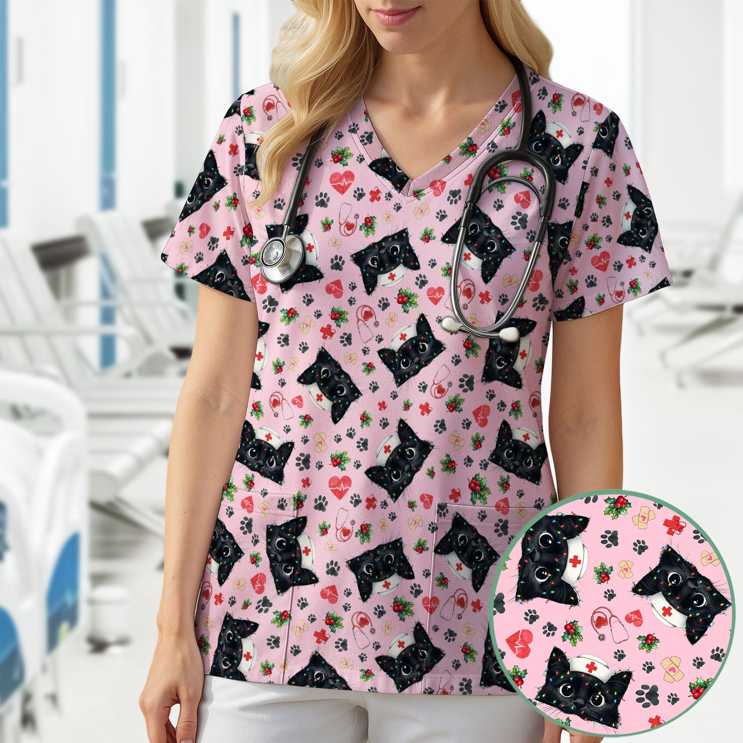 Black Cat Scrub Top for Nurse - Cute Kittens Christmas Medical Uniform - Funny Holiday Gift for Women