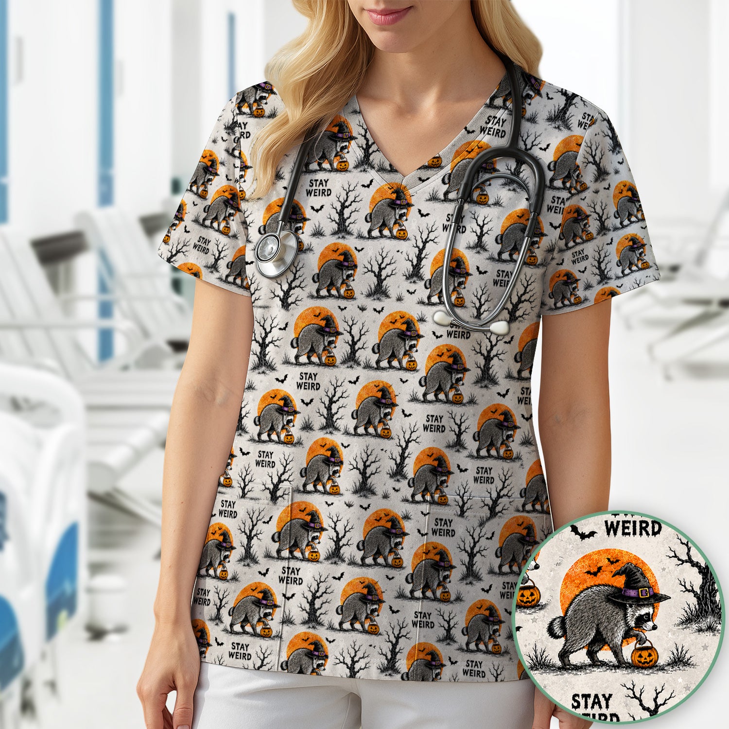 Funny Stay Weird Halloween Raccoon Scrub Top, Comfortable Scrubs for Nurses