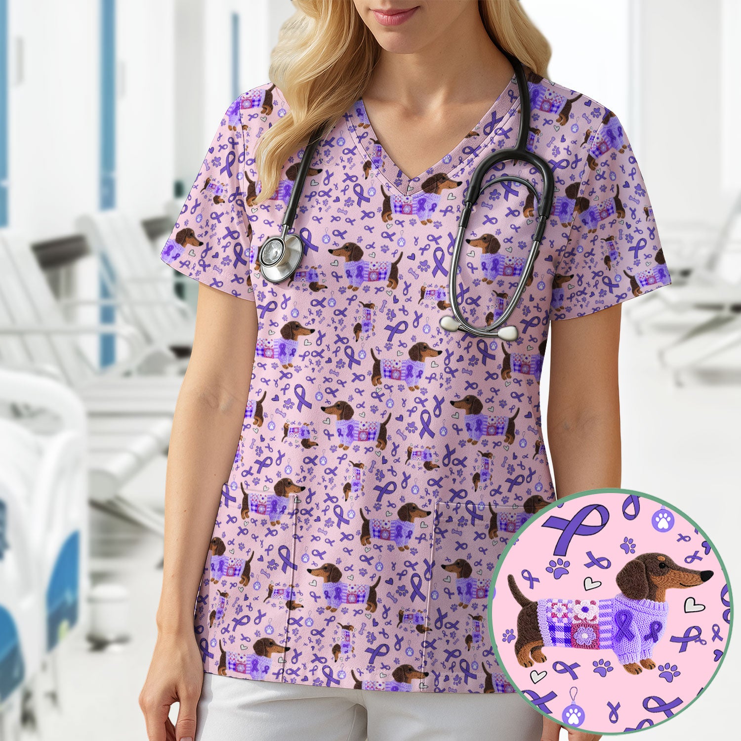 Purple Ribbon Dachshund Scrub Top for Nurses - Cute Awareness Dog Paw Prints - Support Lupus Cancer Med Uniform Gift for Women