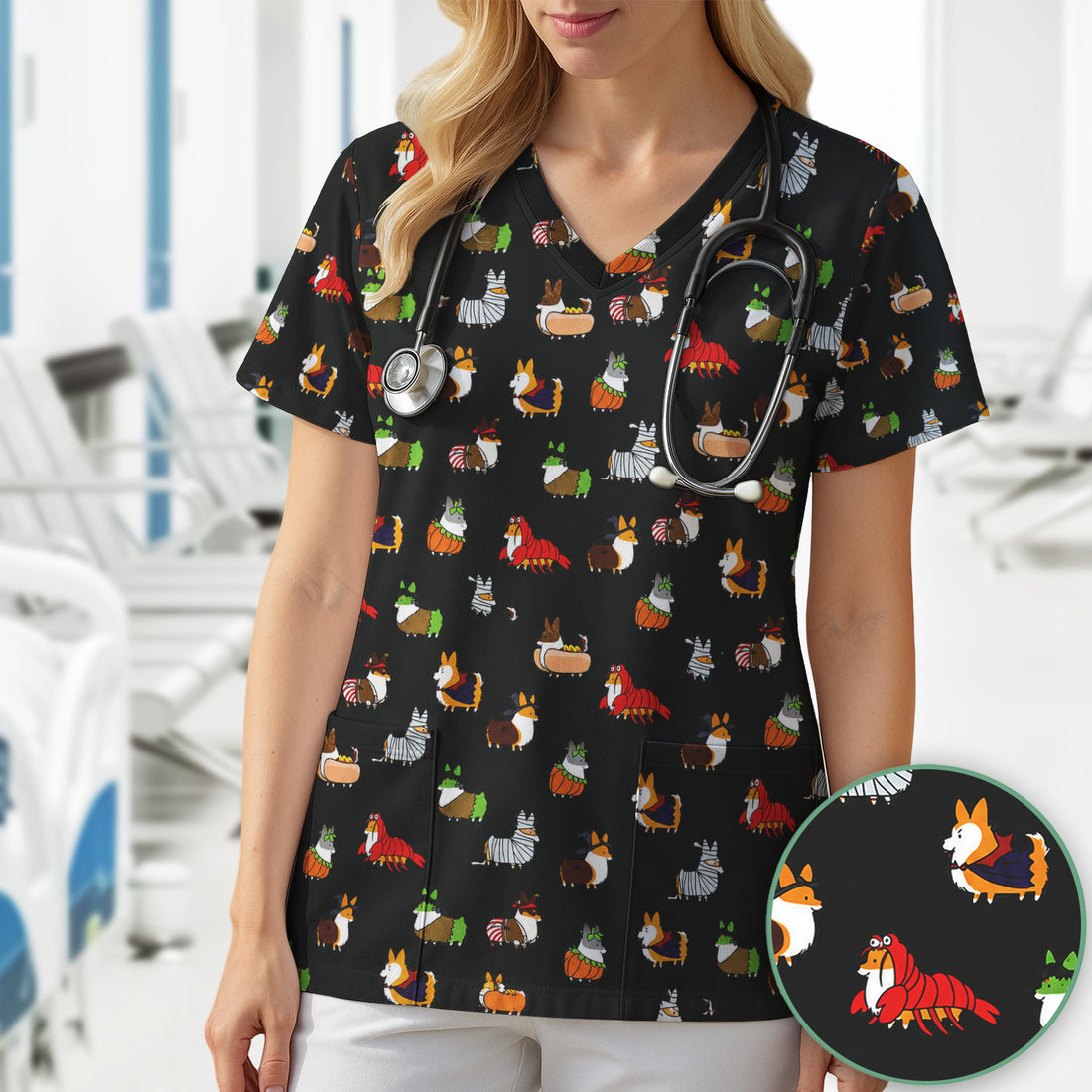 Cute Halloween Costume Corgis Scrub Top, Comfortable Scrubs for Nurses