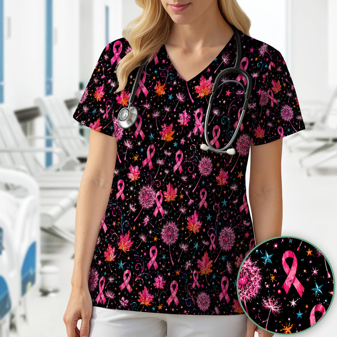 Breast Cancer Awareness Pink Ribbon Fall Scrub Top, Comfortable Scrubs for Nurses